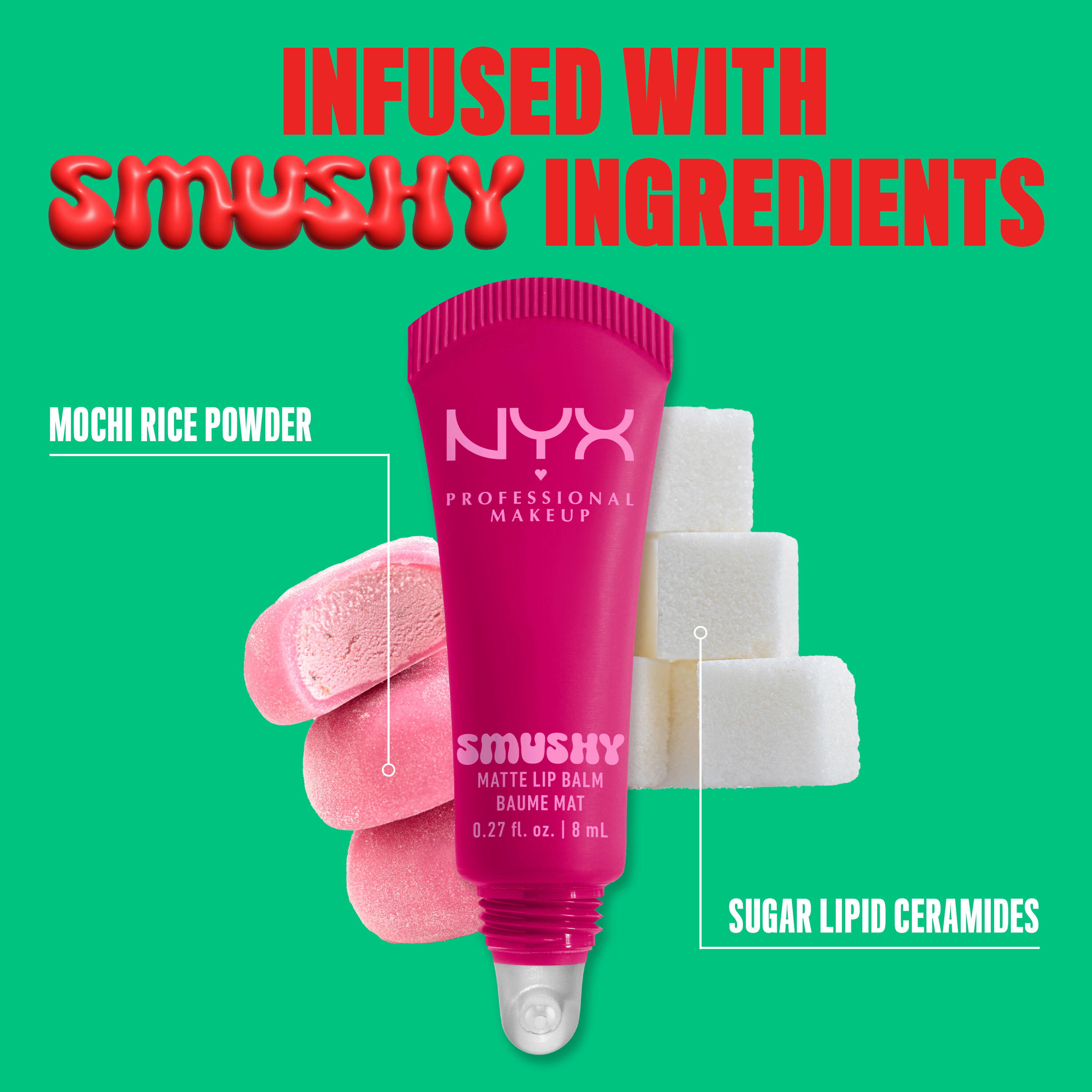 Smushy Matte Lip Balm in shade "She's Serving" with mochi & sugar cubes with text "mochi rice powder" & "sugar lipid ceramides"