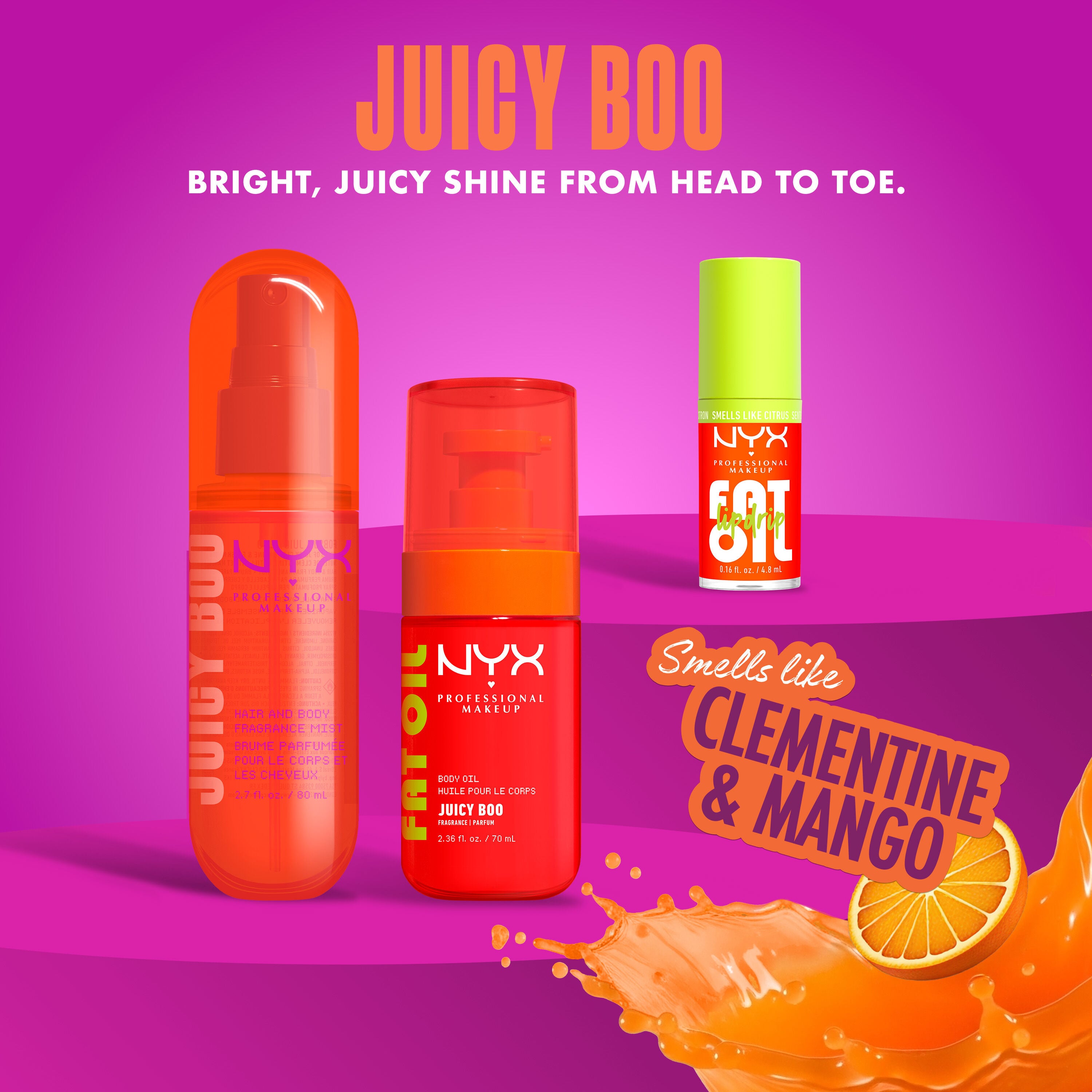 Promotional image for NYX Professional Makeup’s “Juicy Boo” products. Three orange and neon-accented bottles—a hair and body fragrance mist, a body oil, and a lip oil—are displayed against a pink-to-purple gradient background. Bold text reads “JUICY BOO” and “Bright, juicy shine from head to toe.” A graphic callout highlights the scent “Clementine & Mango,” with a splash of orange liquid and a sliced citrus fruit shown in the corner.