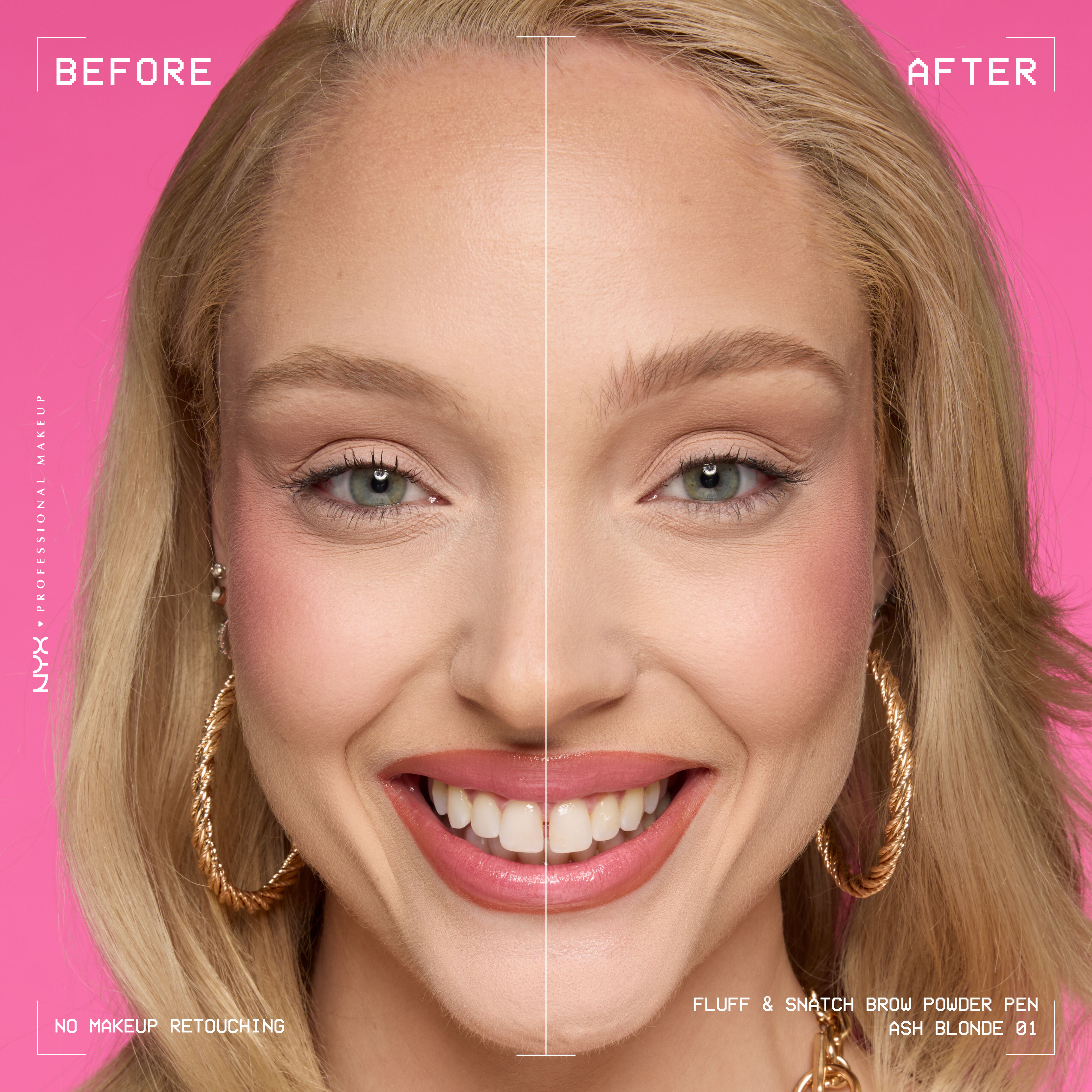 Model shown before and after using NYX Fluff and Snatch Brow Powder Pen against a pink background in shade 01 Ash Blonde