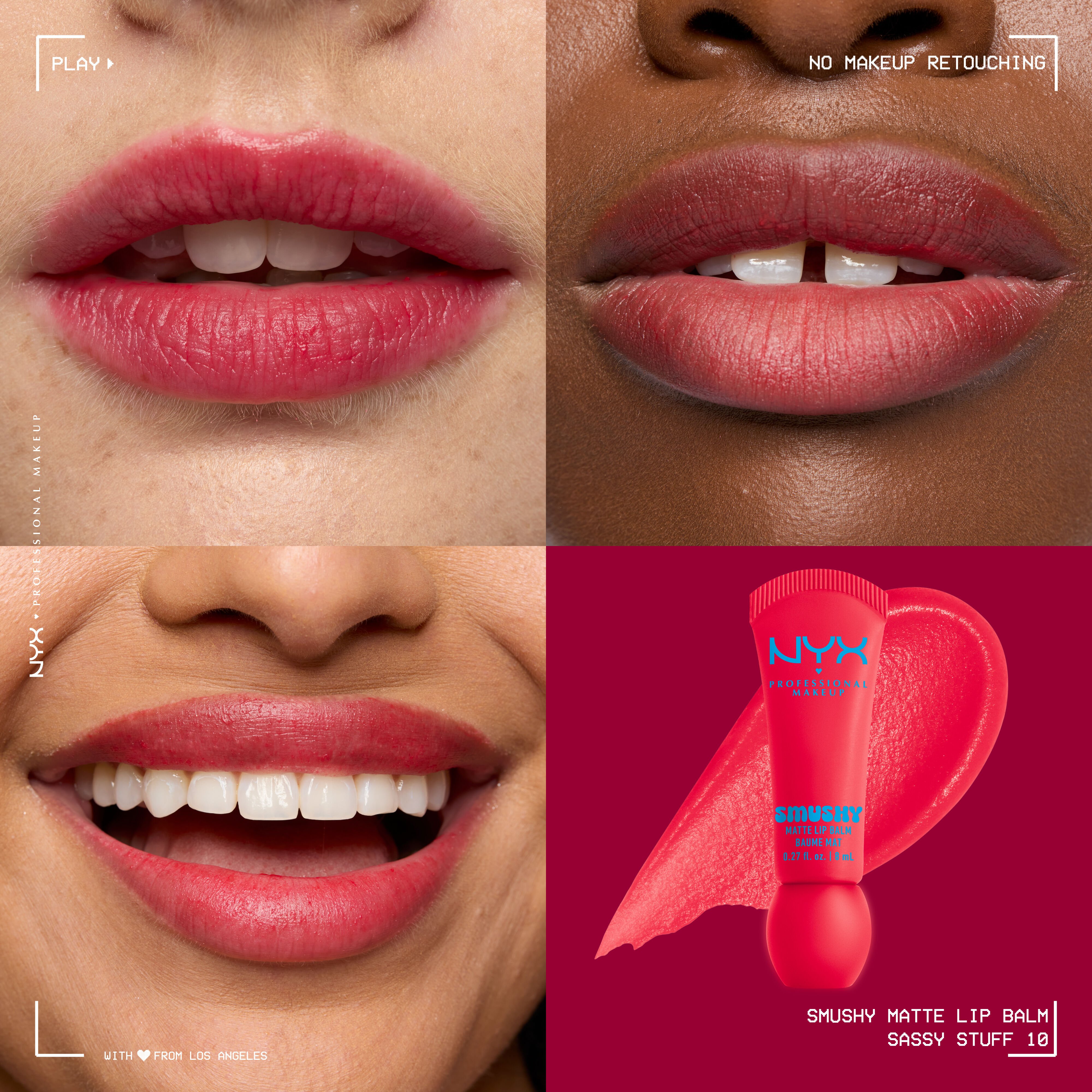 Smushy Matte Lip Balm in candy apple red shade, Sassy Stuff, on three different skin tones