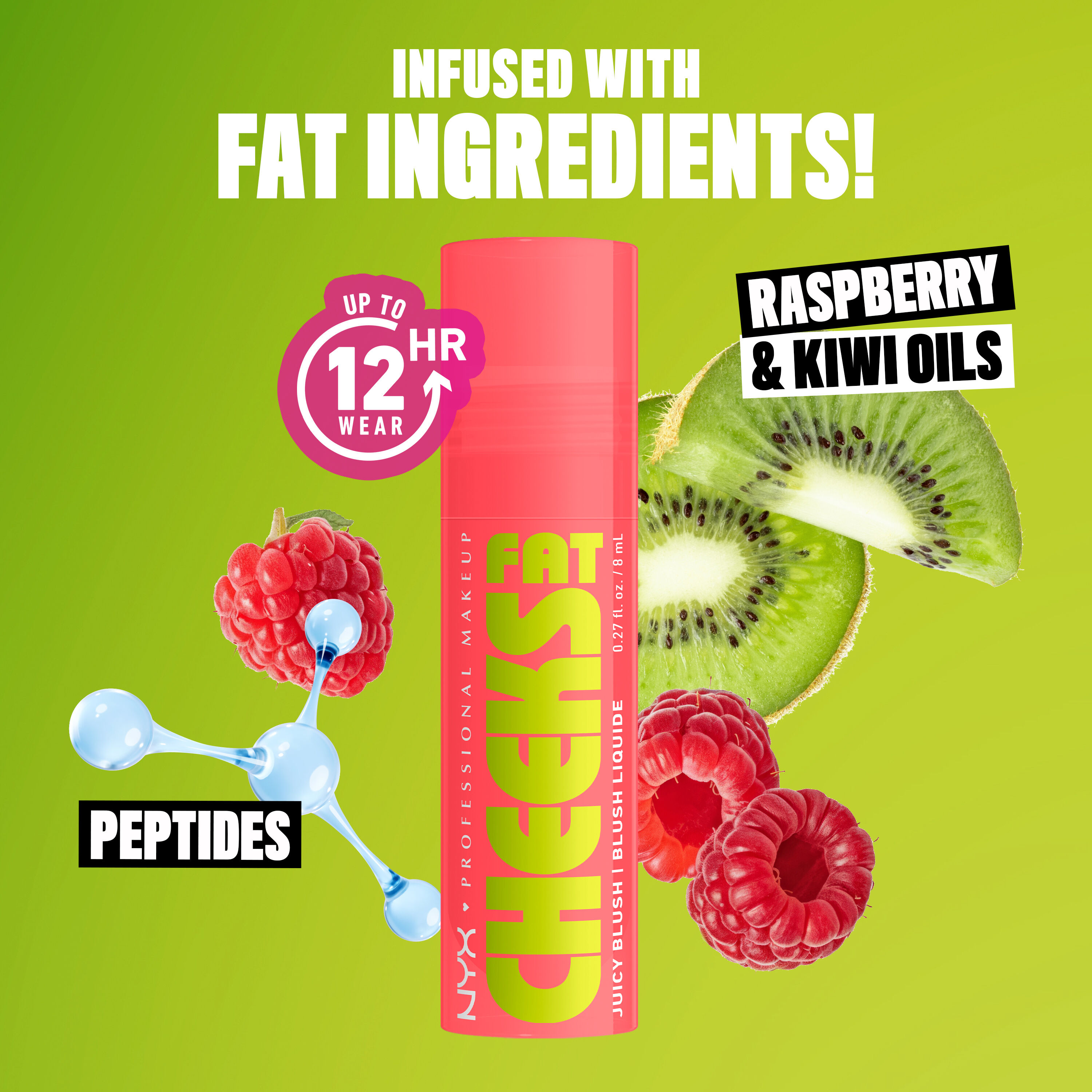 Fat Cheeks Juicy Blush with kiwis, raspberries, and artistic rendering of peptides to show hydrating ingredients