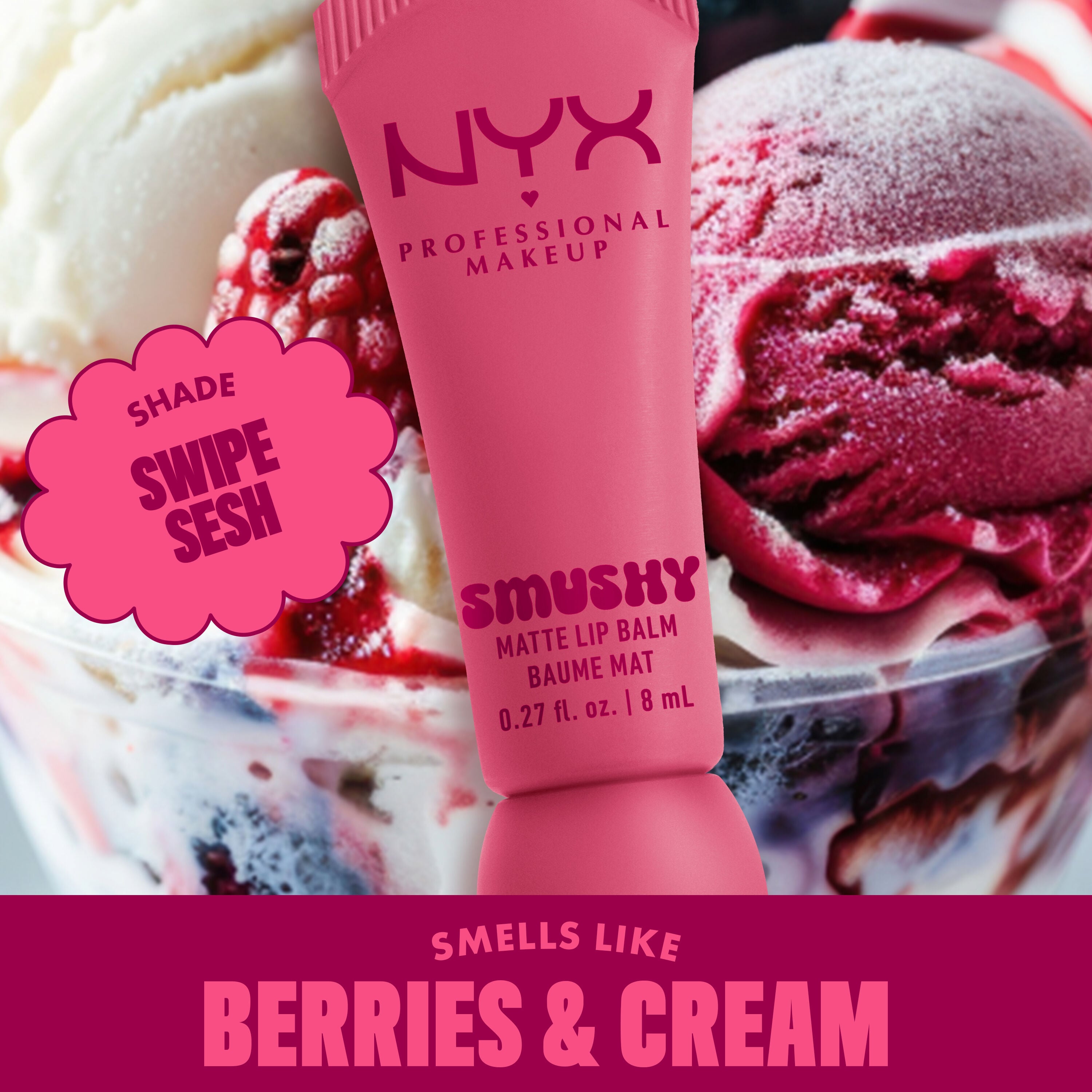 Smushy Matte Lip Balm in light dusty rose shade, Swipe Sesh, on berries and cream background with text "smells like berries & cream"