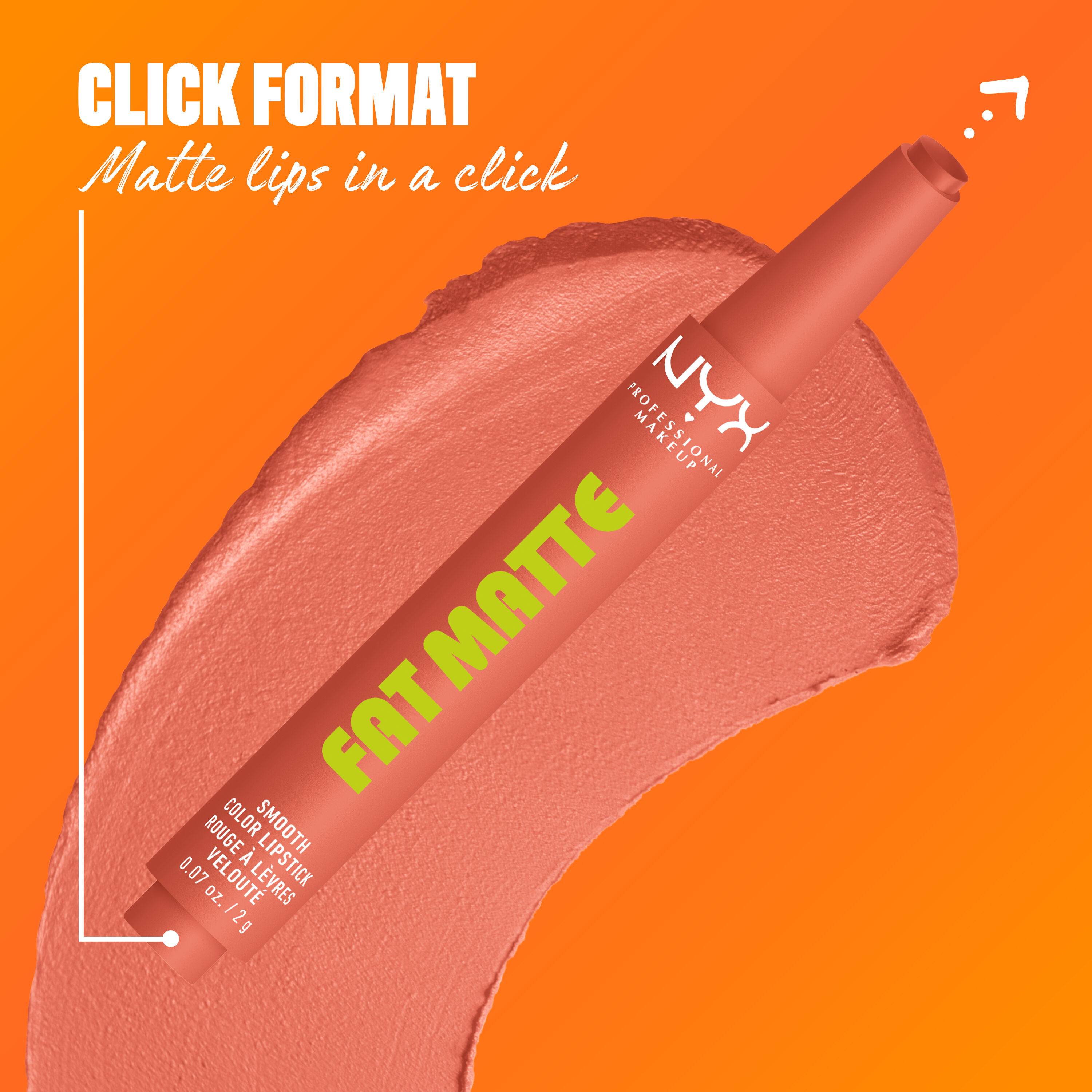 NYX Professional Makeup Fat Matte Smooth Color Lipstick in peachy nude shade Cashmere Cutie, showing the click-pen applicator format and shade swatch, highlighting easy, mess-free matte lipstick application.
