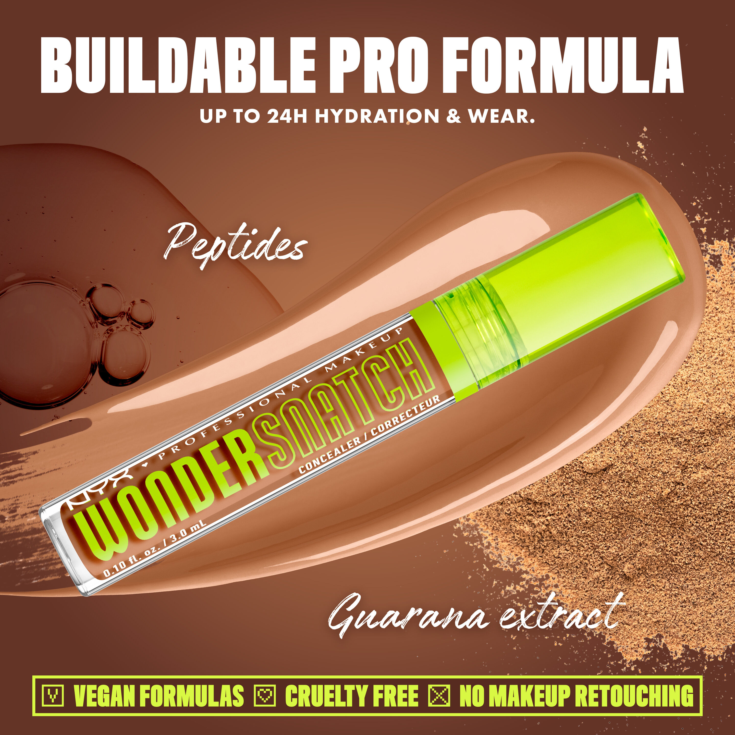 Wonder Snatch(TM) Concealer image with text: "Buildable Pro Formula. Up to 24H Hydration & Wear. Peptides. Guarana extract. Vegan Formulas. Cruelty Free. No Makeup Retouching."