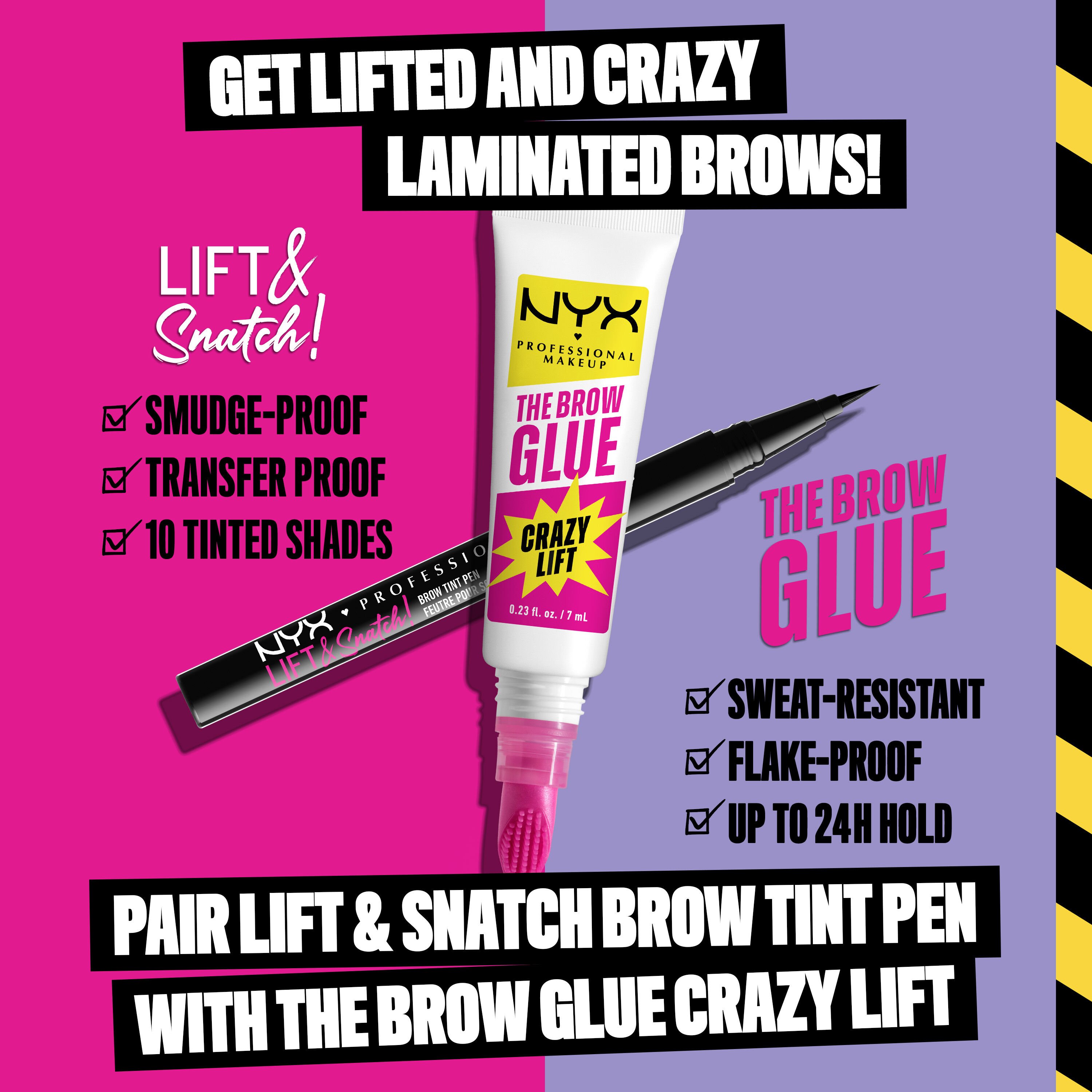 The Brow Glue Crazy Lift and Lift & Snatch! Brow Tint Pen with text suggesting pairing the two products