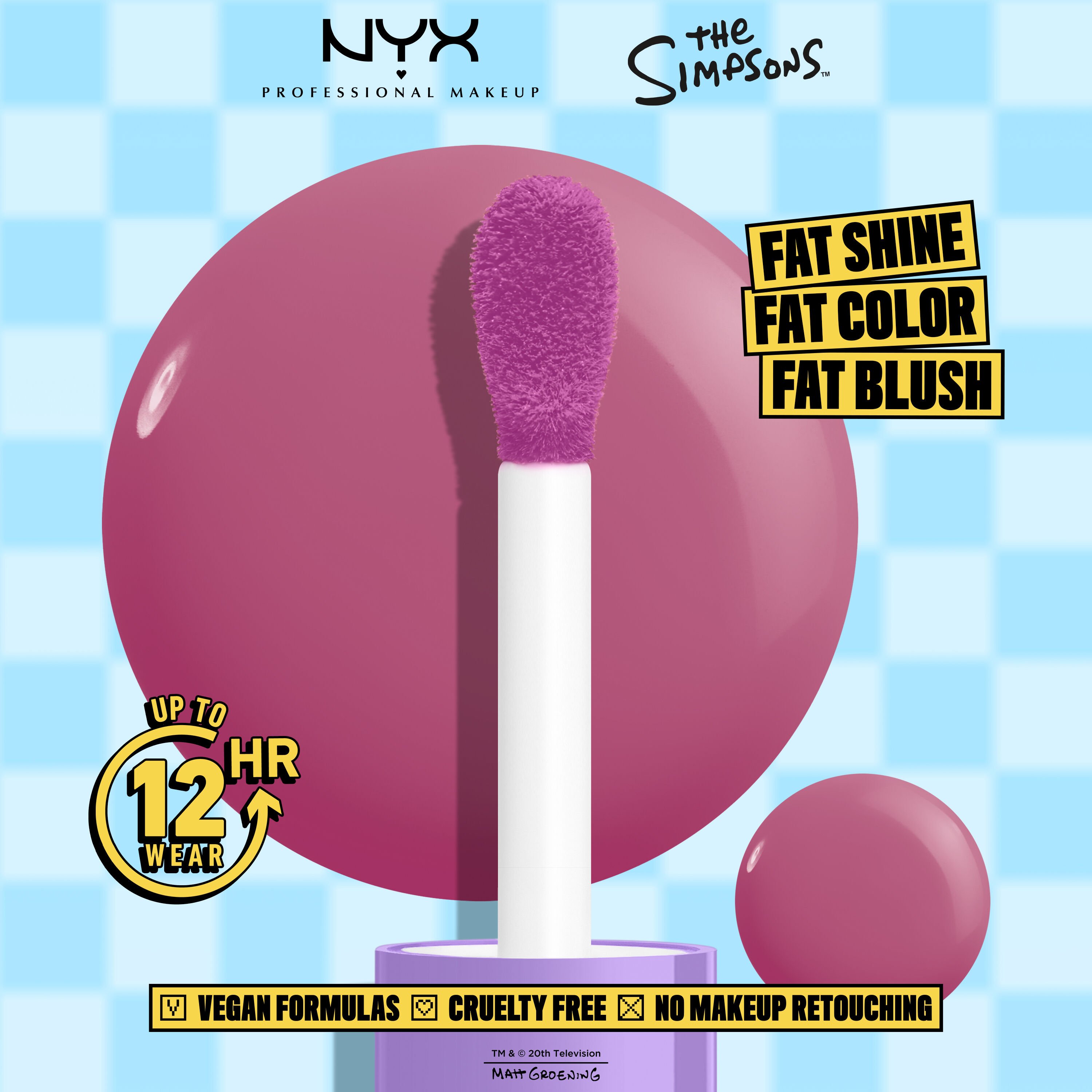 NYX Professional Makeup The Simpsons Fat Blush packshot with red blush swatch and product benefits text on a blue checkered background in shade 02 Lavender Sass