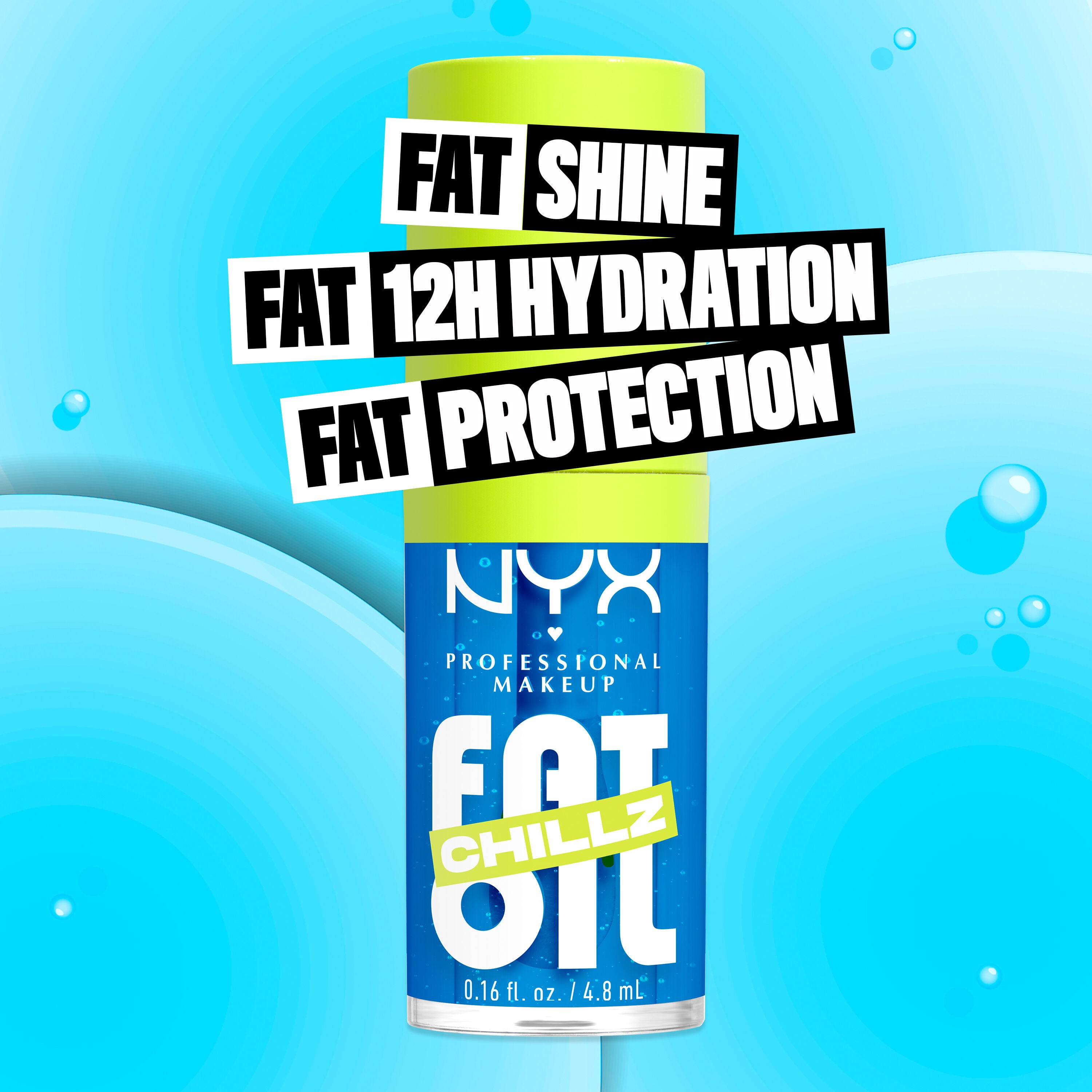 Fat Oil Chillz Lip Drip Lip Oil in shade Polar Peppermint bottle. Fat Shine. Fat 12H Hydration. Fat Protection.