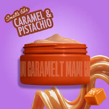 CARAMELT MAMI on purple/orange background with Caramel & Pistachio text featuring Body Butter jar