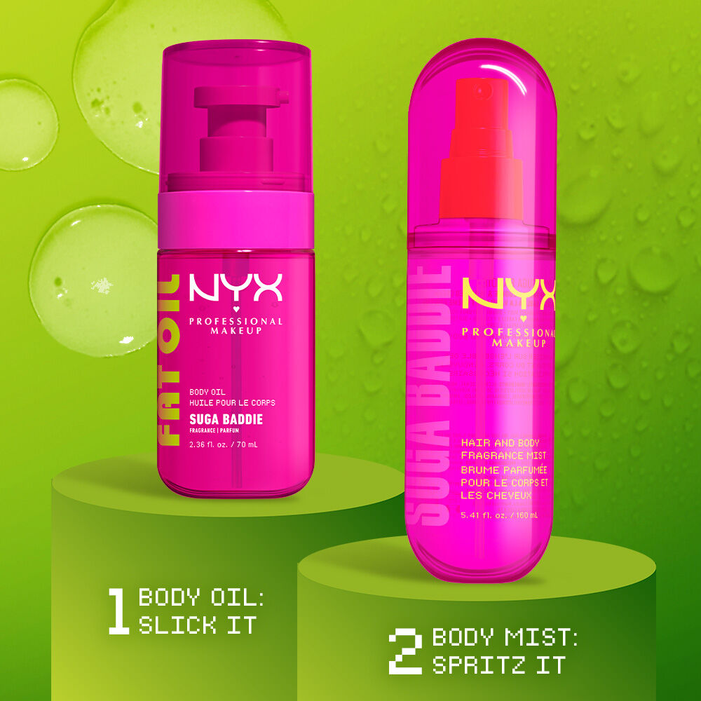 Two bright pink NYX Professional Makeup products on lime green display stands: Fat Oil Suga Baddie body oil and Suga Baddie hair & body fragrance mist. Text reads: 1 Body Oil: Slick It and 2 Body Mist: Spritz It.
