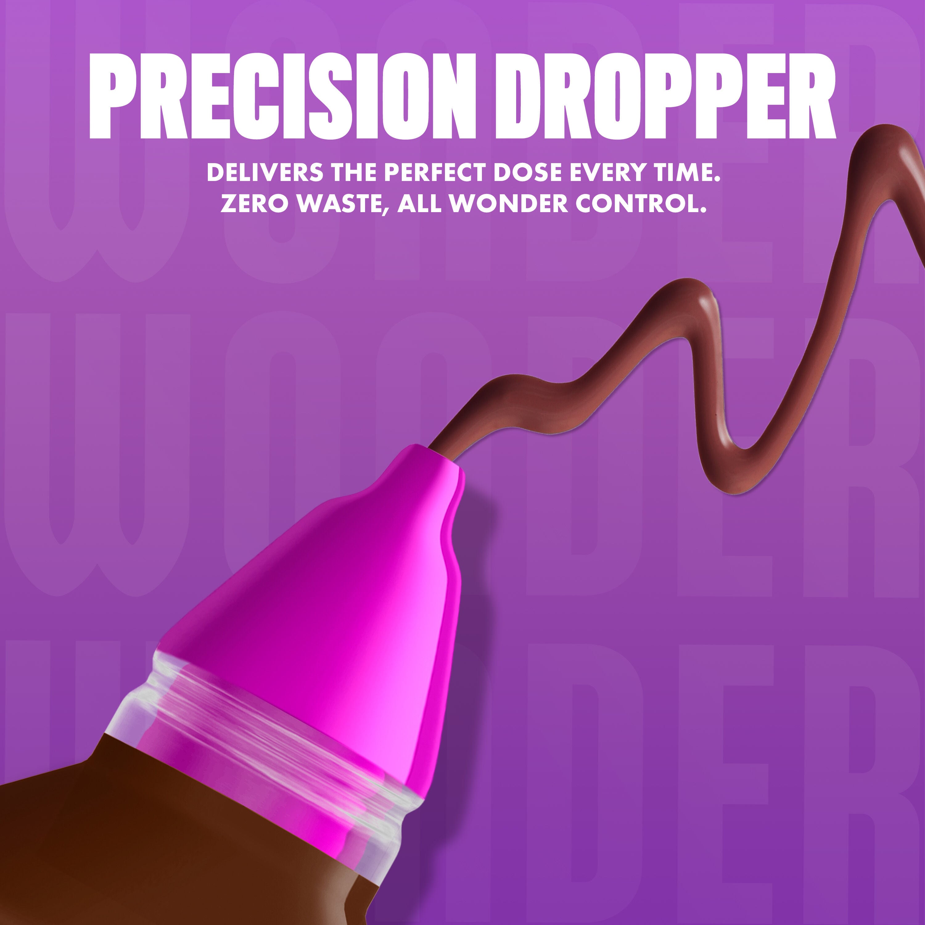 NYX Make ’Em Wonder Foundation in shade 40 Walnut releasing a smooth, walnut brown foundation with text overlay “Precision Dropper.”