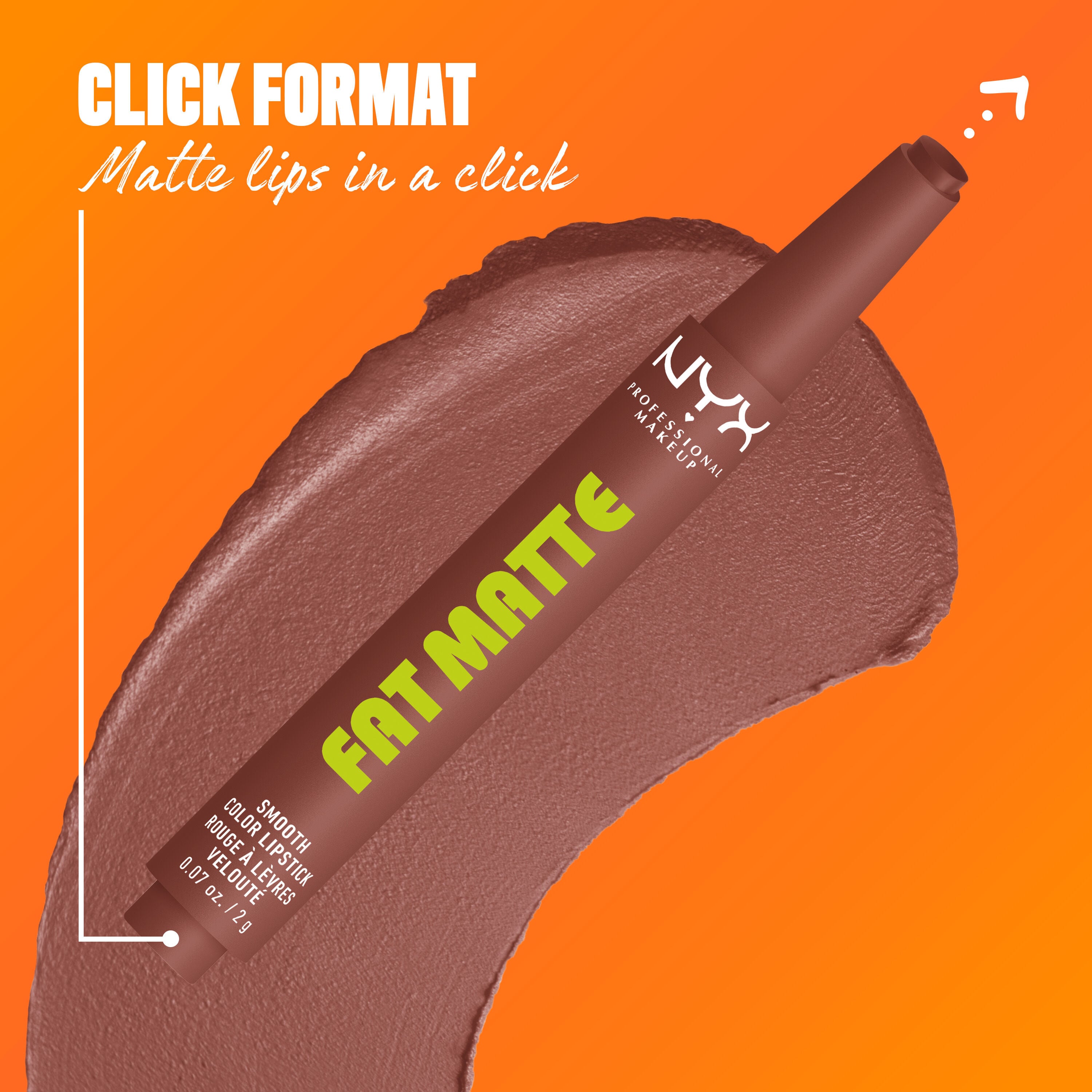 NYX Professional Makeup Fat Matte Smooth Color Lipstick in greige shade Toasty Taupe, showing the click-pen applicator format and shade swatch, highlighting easy, mess-free matte lipstick application.