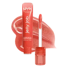 Open Jelly Job Jelly Lip Gloss in shade 'Jelly Squeeze', a peach pearl shimmer jelly gloss with shade swatch in background