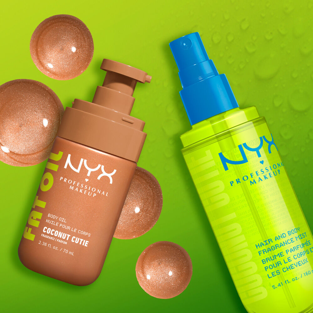 Two NYX Professional Makeup Coconut Cutie products on a lime green background with bronze and clear liquid droplets: Fat Oil body oil in a tan pump bottle and hair & body fragrance mist in a neon green spray bottle with blue pump.