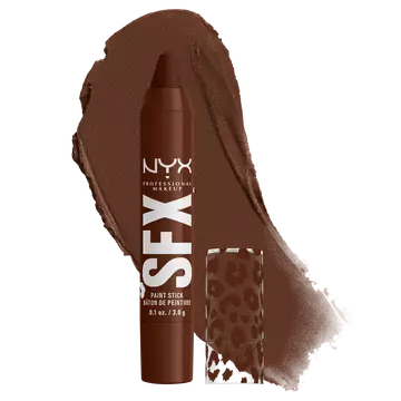 NYX Professional Makeup Party Animals SFX Face & Body Paint Stick in Cocoa Cult, a brown paint stick shown with a brown paint swatch.