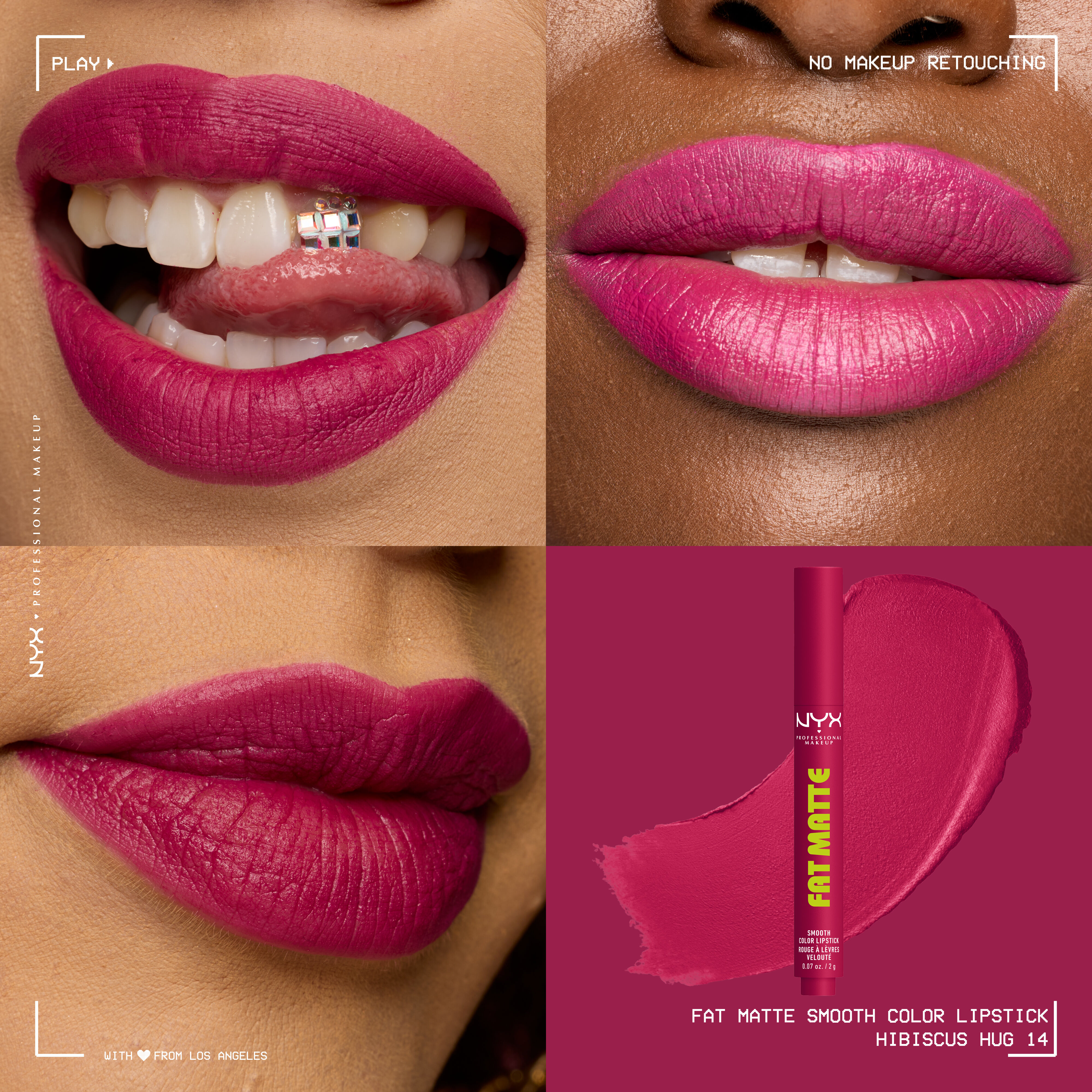 Four-panel grid showing NYX Professional Makeup Fat Matte Smooth Color Lipstick in shade Hibiscus Hug on three diverse skin tones with a smooth, non-cakey matte finish, alongside the click-pen packshot and shade swatch.