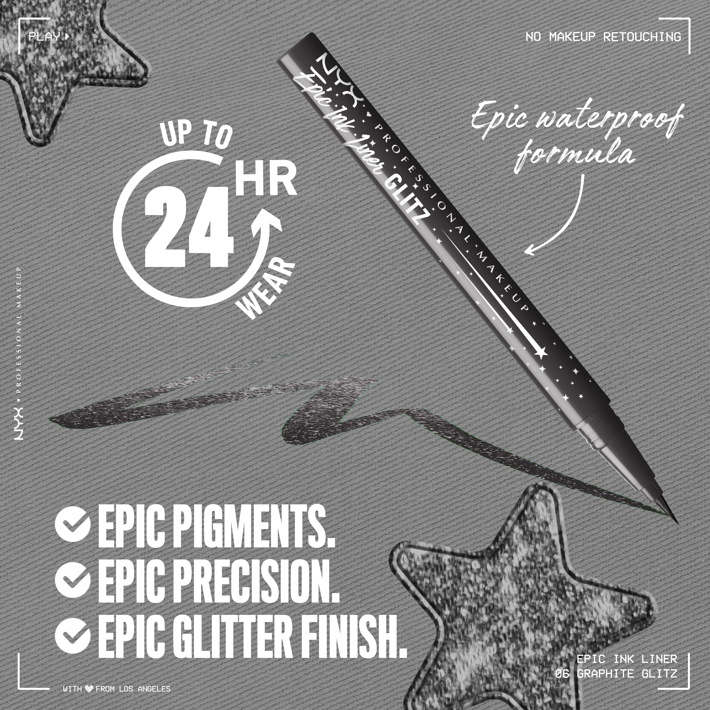 Epic Ink Liner in shimmer graphite black with text "Up to 24HR wear. Epic Pigments. Epic Precision. Epic Glitter Finish"