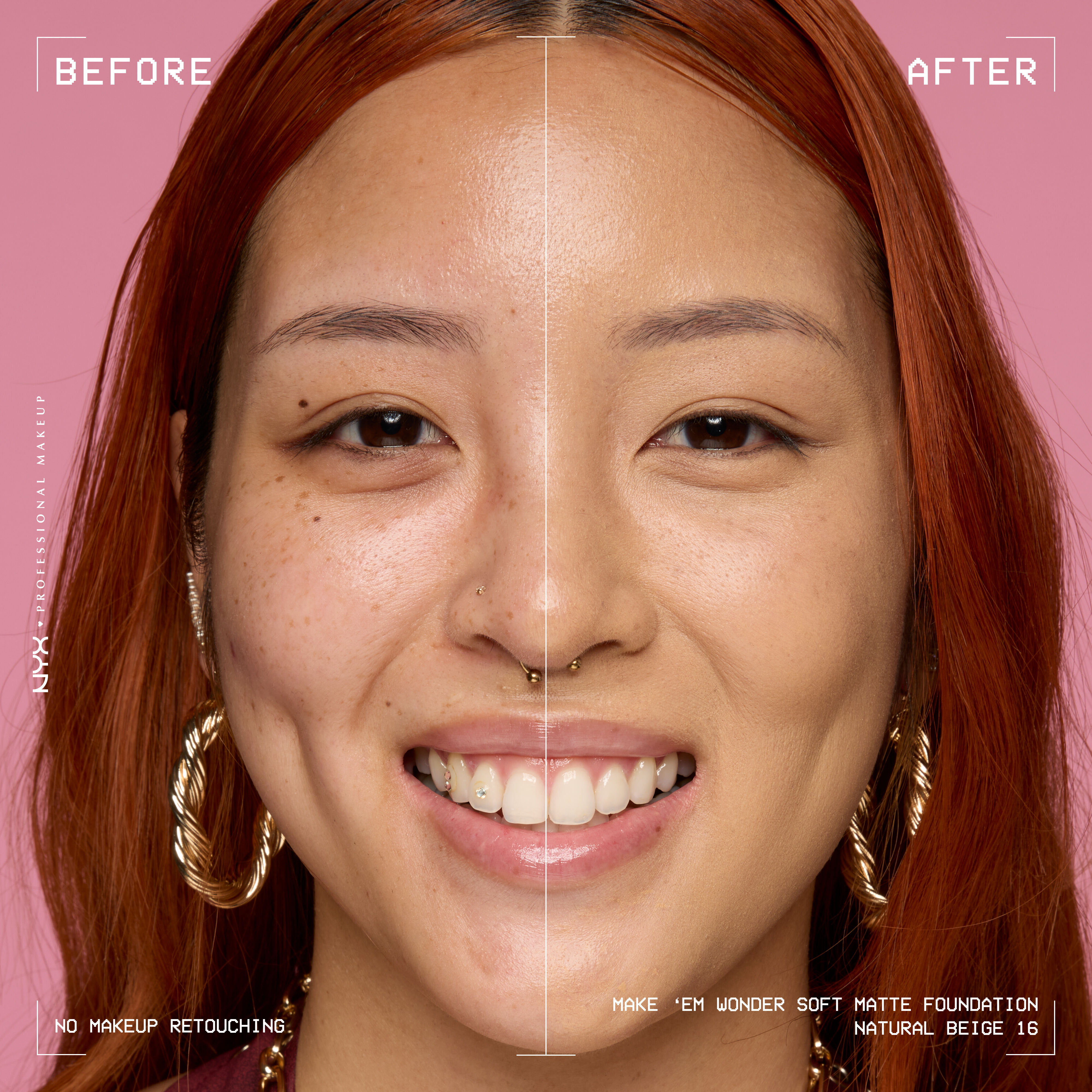 Before-and-after model wearing NYX Make ’Em Wonder Foundation shade 16 Natural Beige, text overlay “Before / After.”