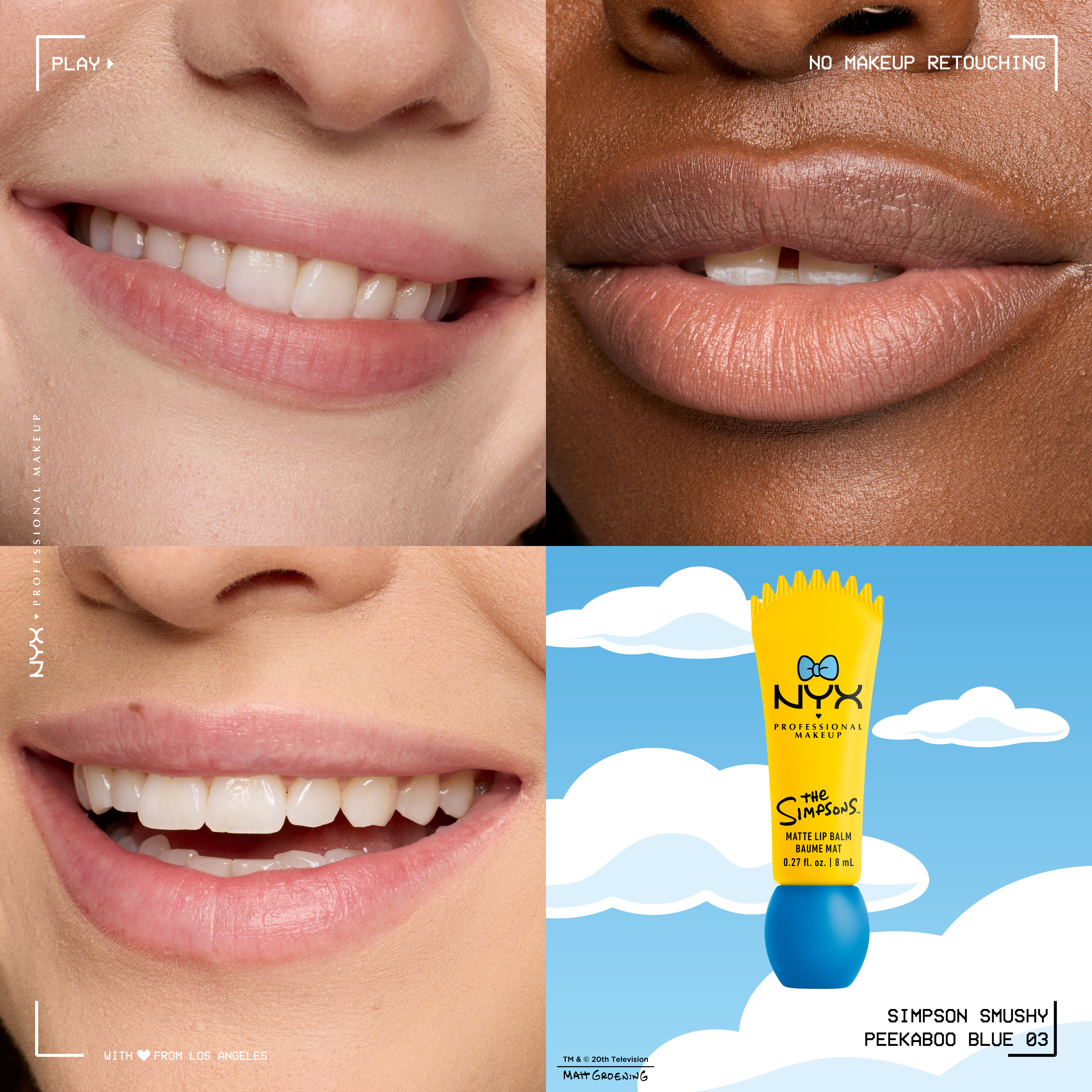 NYX Professional Makeup The Simpsons Smushy Matte Lip Balm shade grid showing blue swatch on lips with packaging in shade 03 Peekaboo Blue