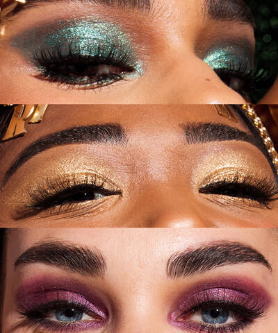 Close up of three models wearing each a different color of the Ultimate Glow Shots Liquid Shimmery Eyeshadow