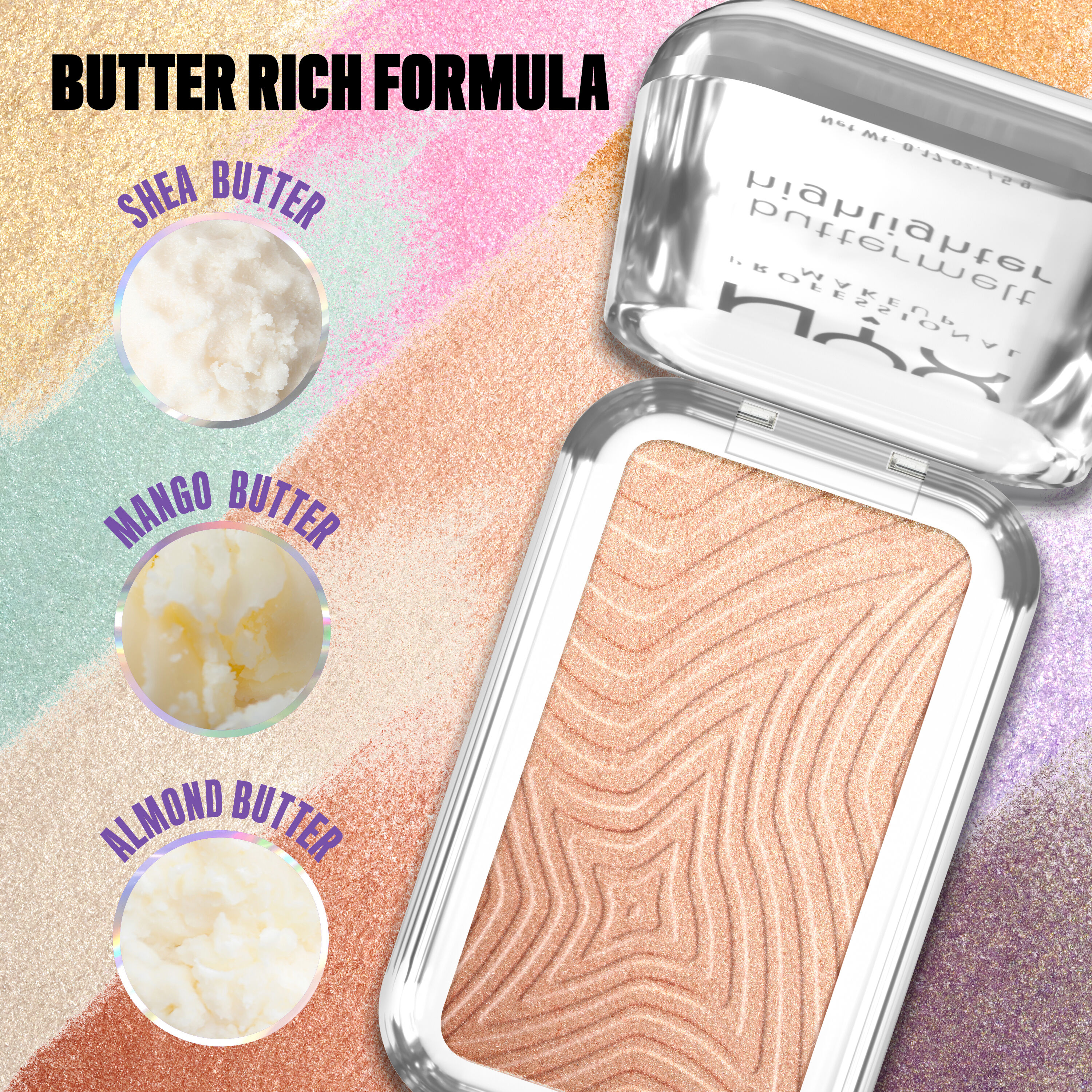 Open Buttermelt Highlighter in shade "Glaze It Butta", with image close-ups of shea, mango, and almond butter