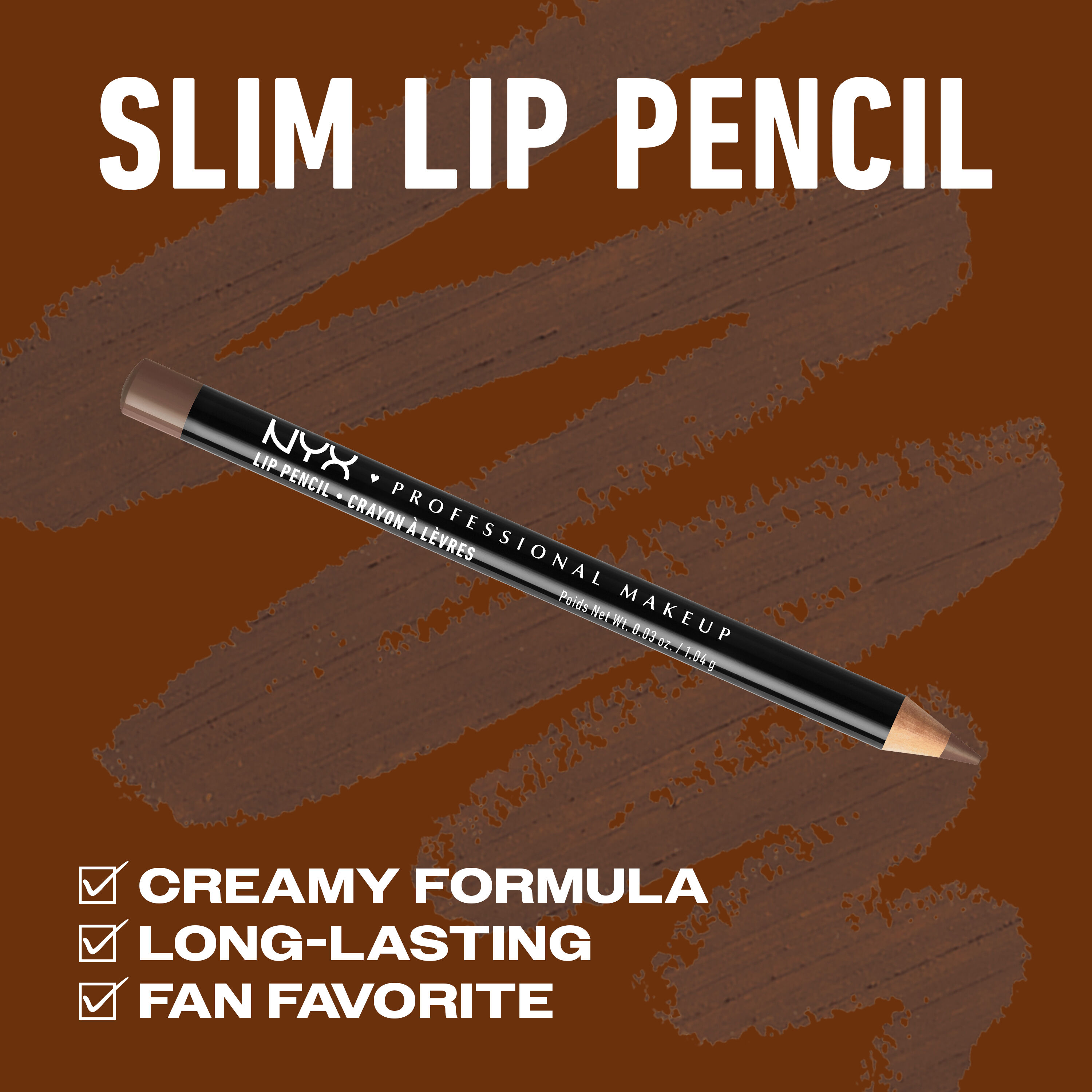 NYX Professional Makeup Slim Lip Pencil in 820 Espresso shown with creamy formula, long-lasting wear and fan favorite benefits on a brown background.
