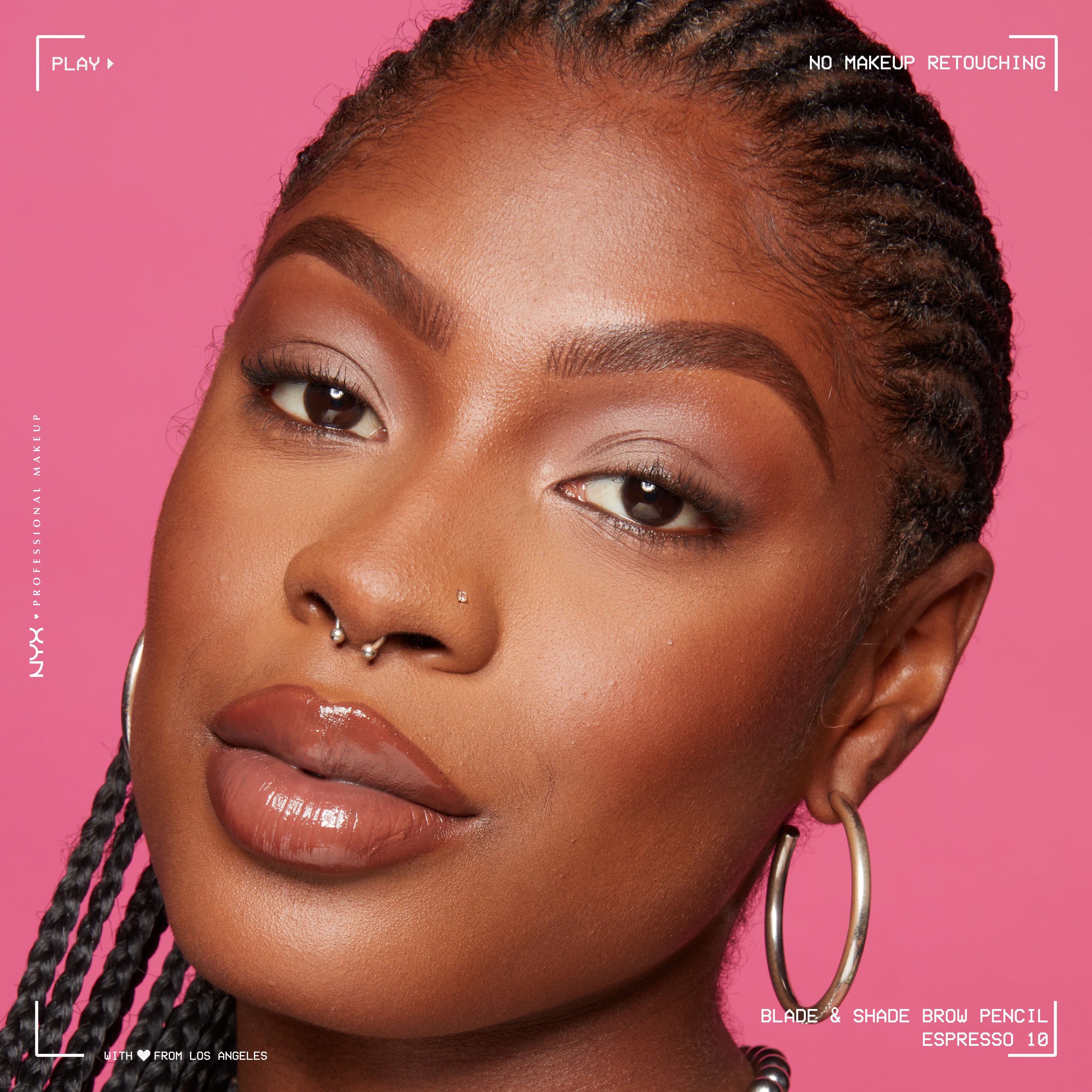 woman wearing Blade & Shade Nano Brow Pencil on pink background