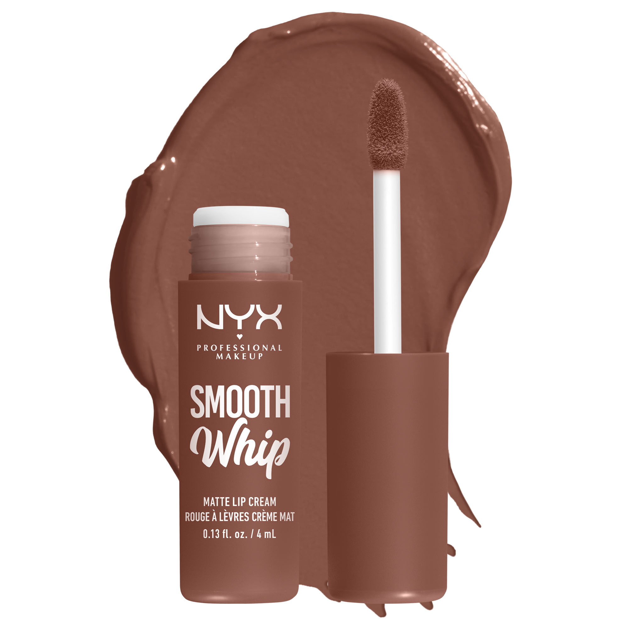 Smooth Whip Matte Lip Cream open tube on white background & dark green blue lip cream smear