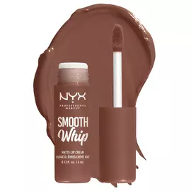 Smooth Whip Matte Lip Cream open tube on white background & dark green blue lip cream smear