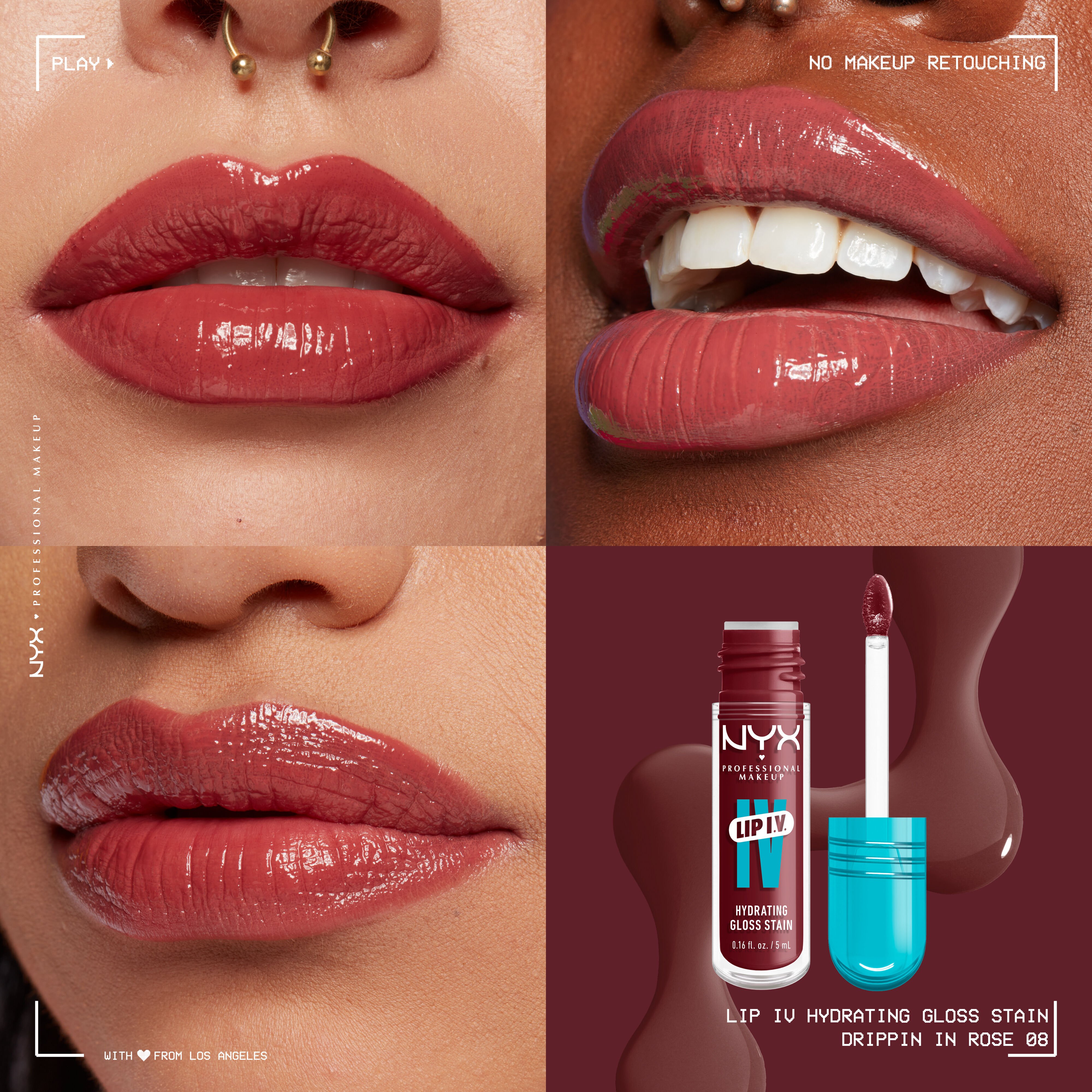 Lip I.V. Hydrating Lip Gloss Stain on three different skin tones.