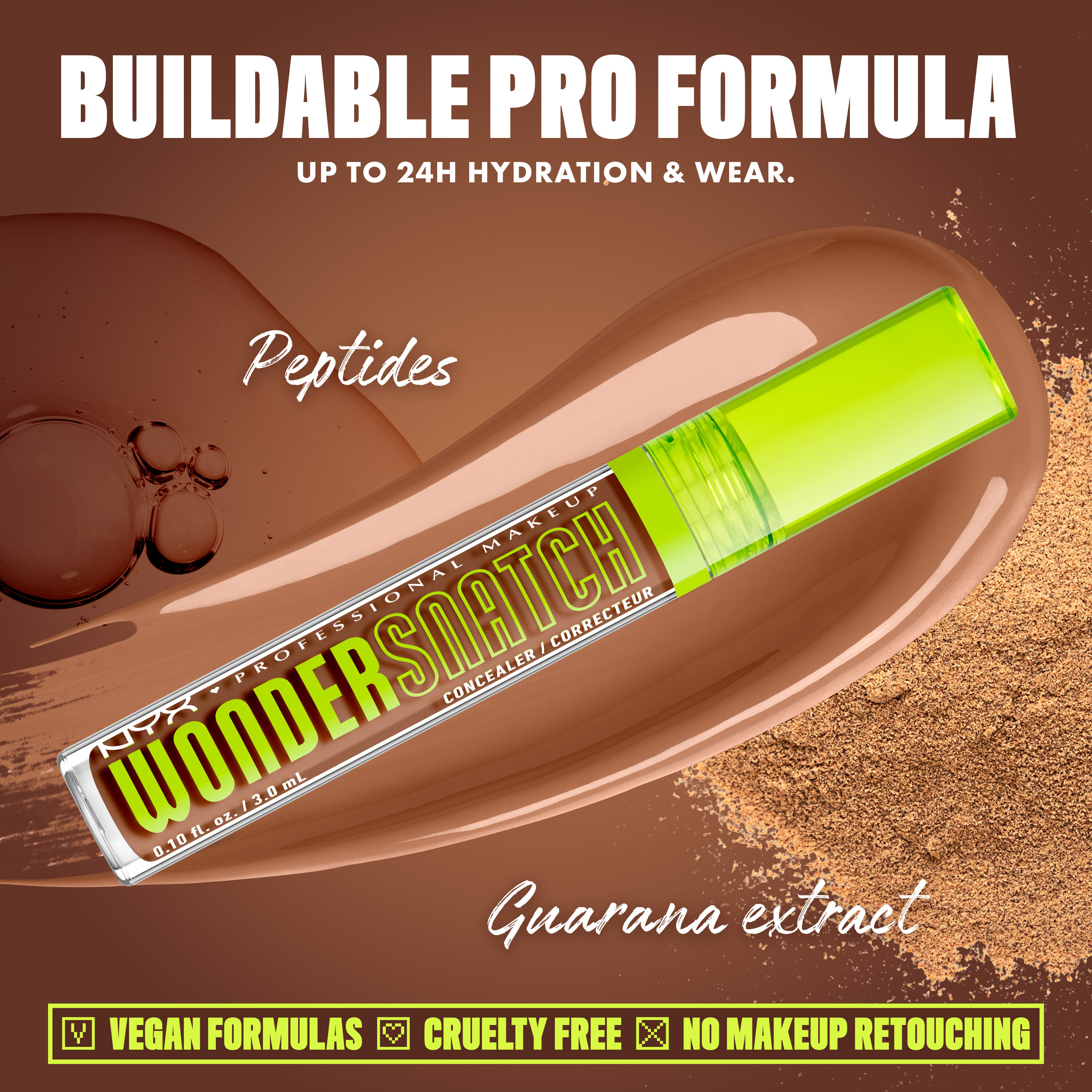 Wonder Snatch(TM) Concealer image with text: "Buildable Pro Formula. Up to 24H Hydration & Wear. Peptides. Guarana extract. Vegan Formulas. Cruelty Free. No Makeup Retouching."