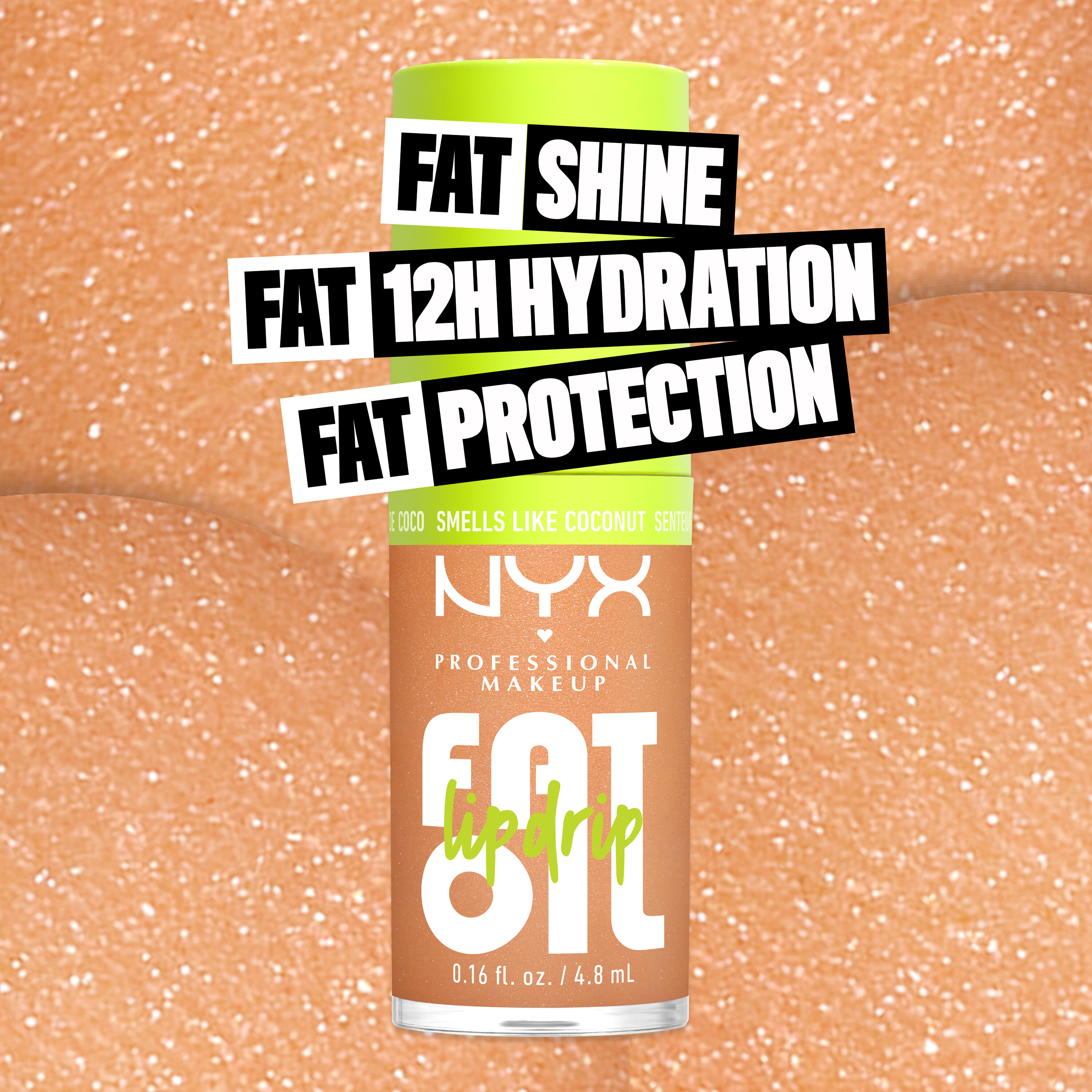 NYX Professional Makeup Fat Oil Lip Drip lip gloss with high shine, 12 hour hydration and protection benefits, shown in tube packaging with shimmer finish.