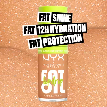 NYX Professional Makeup Fat Oil Lip Drip lip gloss with high shine, 12 hour hydration and protection benefits, shown in tube packaging with shimmer finish.