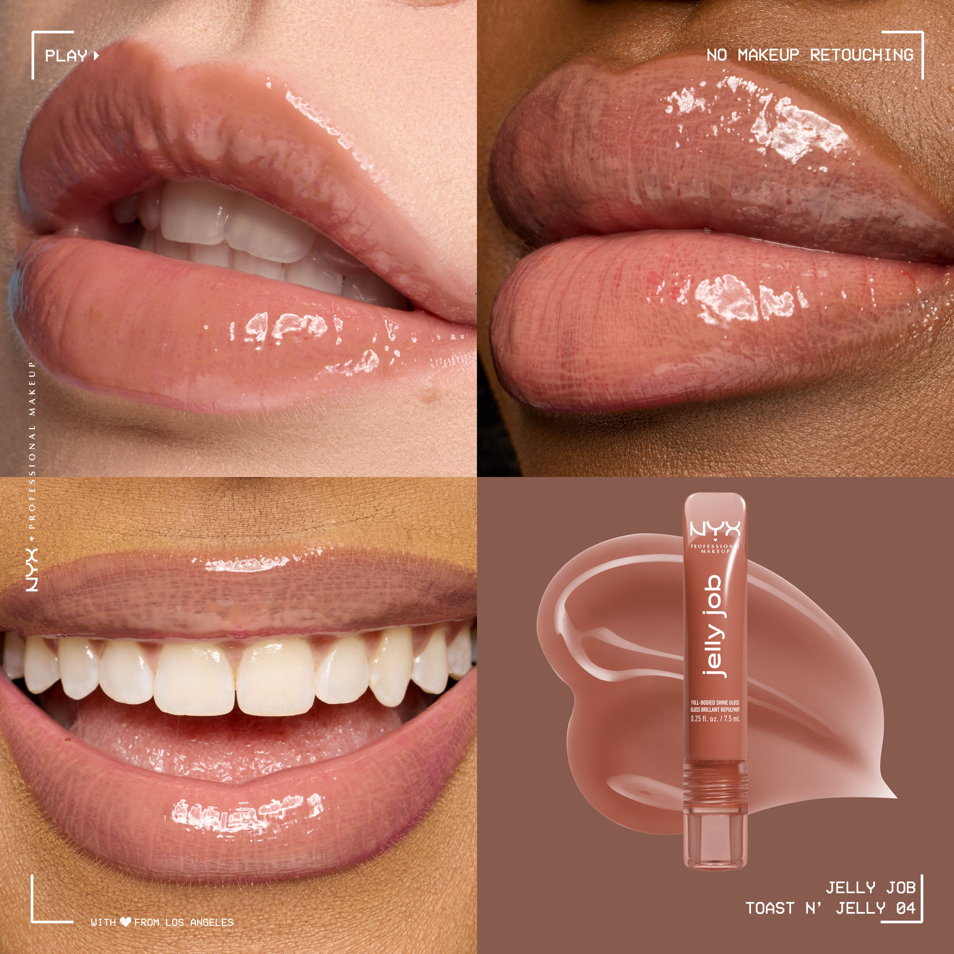 Close up of 3 models with varying skin tones wearing Jelly Job Jelly Lip Gloss in shade 'TOAST N' JELLY'
