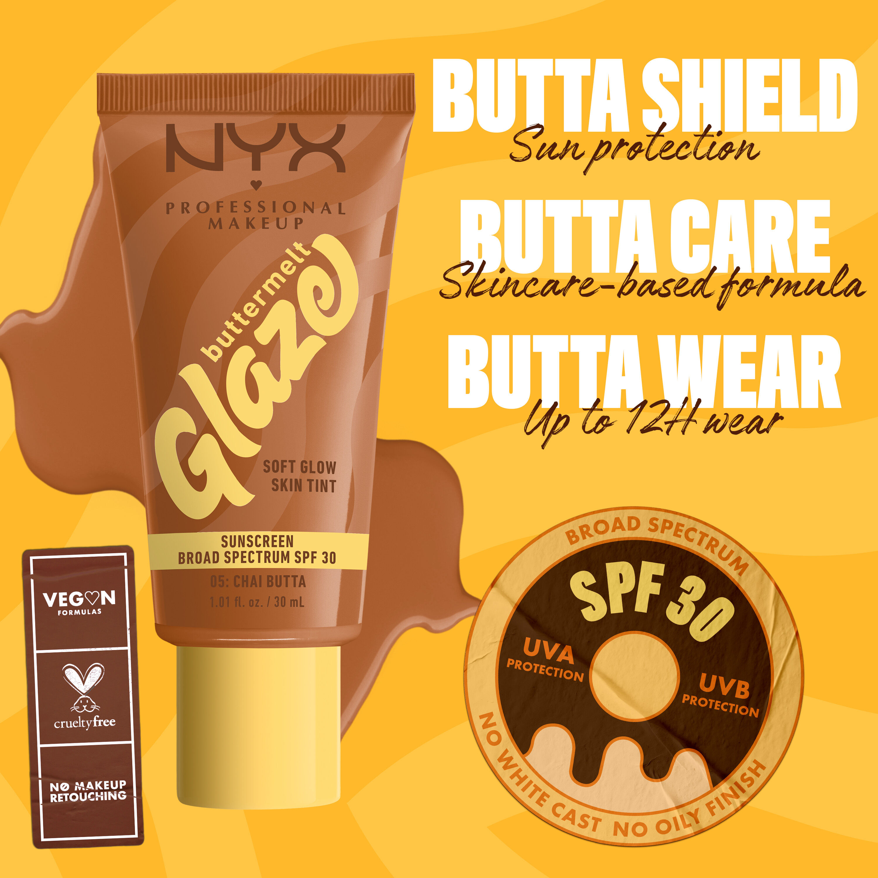 infographic of Buttermelt Glaze Skin Tint with text about sun protection, 12H wear, SPF 30, vegan and cruelty-free