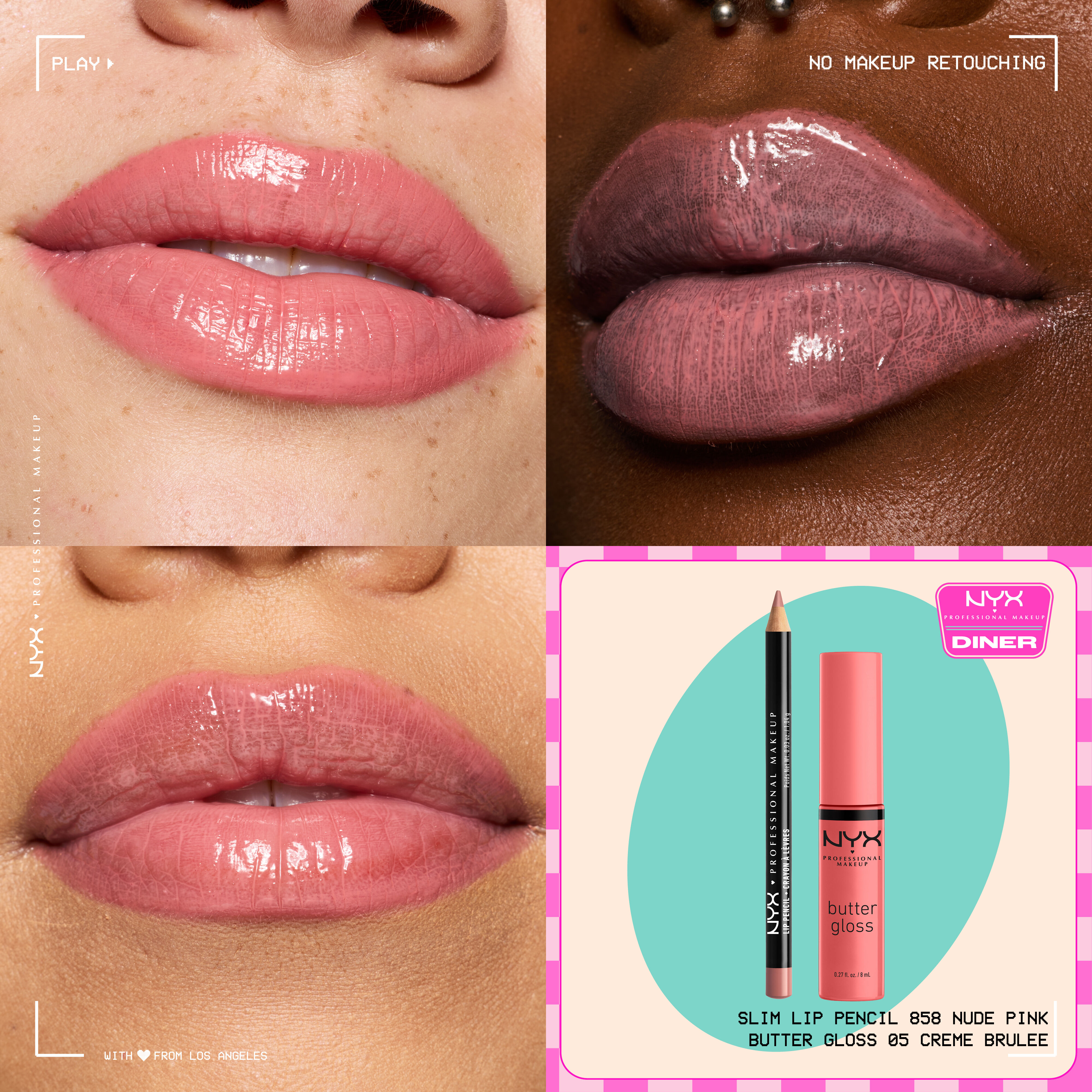 NYX Professional Makeup Slim Lip Pencil in 858 Nude Pink and Butter Gloss in 05 Creme Brulee shown on three lip close-ups with a small product duo packshot.
