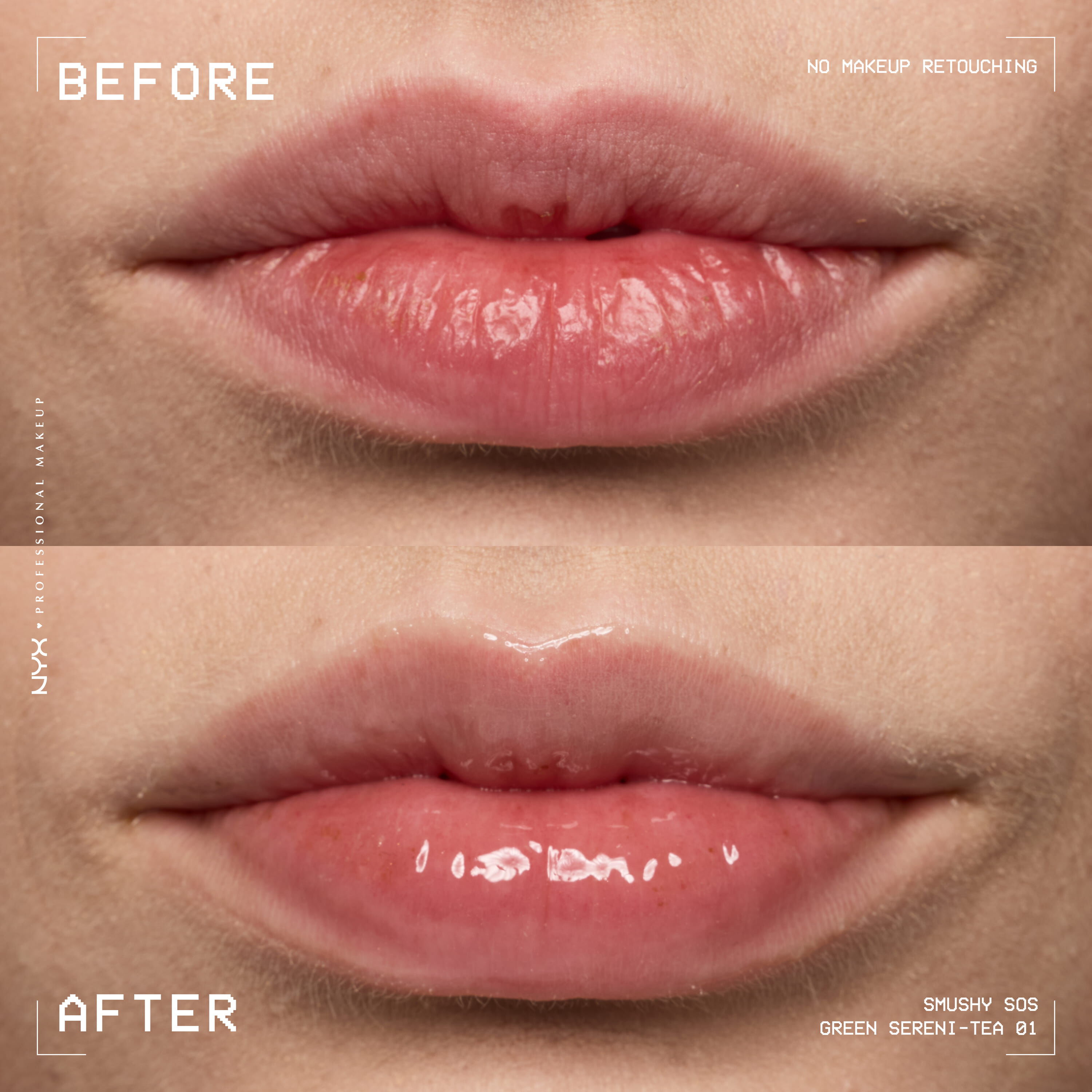 Before and after of dry lips vs glossy hydrated lips with NYX Professional Makeup Smushy SOS lip mask in Green Sereni-Tea
