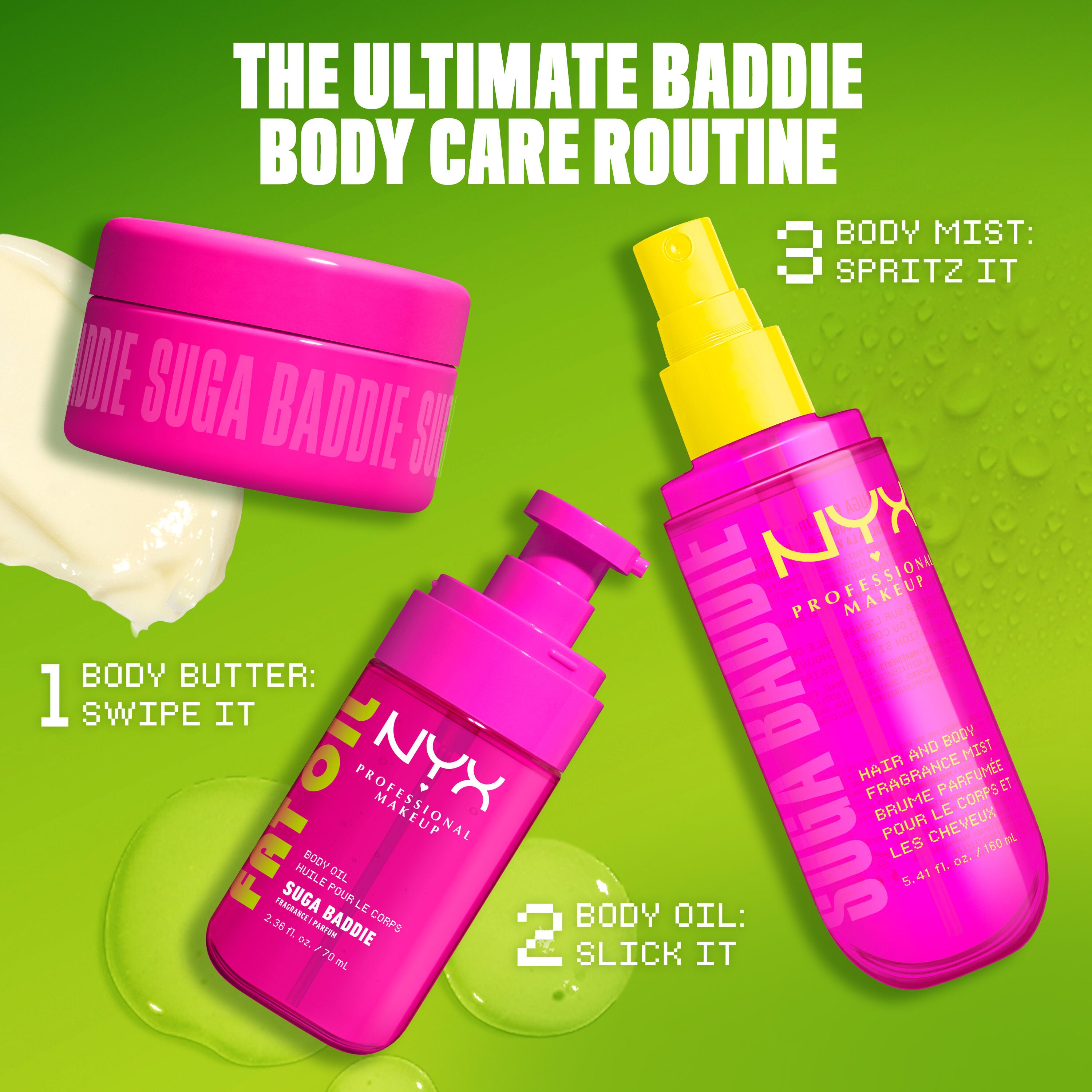The Ultimate Baddie Body Care Routine - 3-step routine infographic on lime green background,