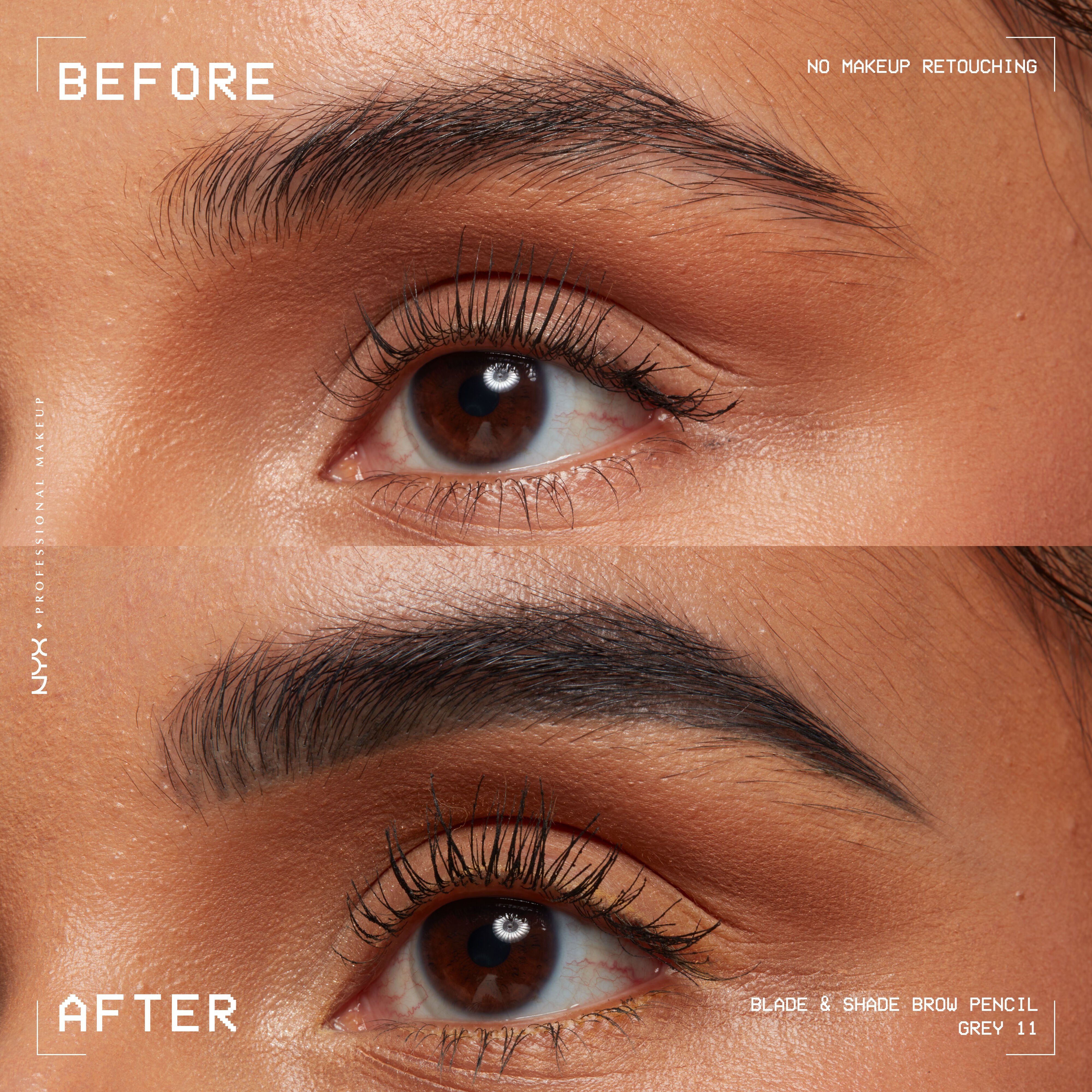 closeup before and after of Blade & Shade Nano Brow Pencil on light brown eyebrow