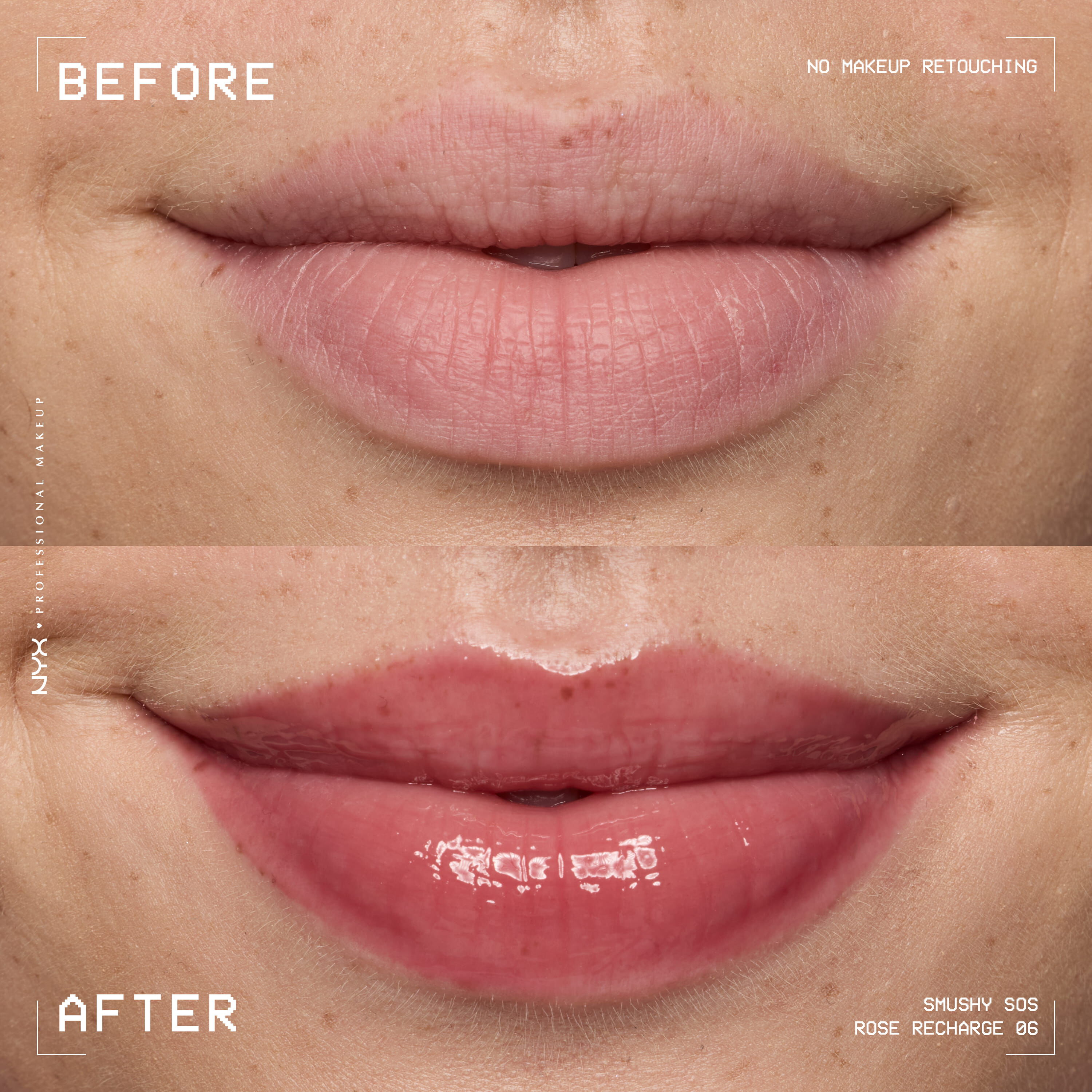 Before and after of dry lips vs glossy hydrated lips with NYX Professional Makeup Smushy SOS lip mask in Rose Recharge