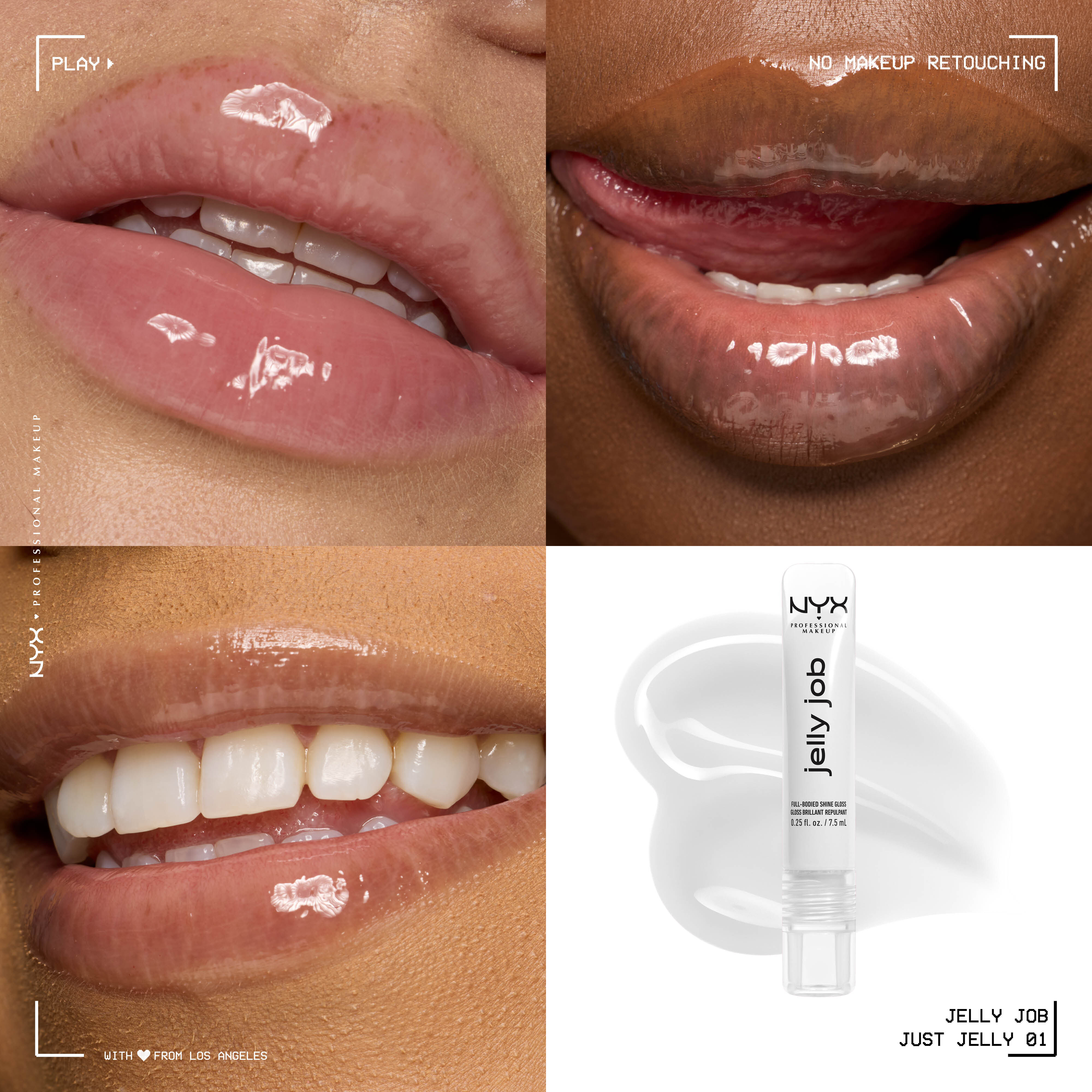 Close up of 3 models with varying skin tones wearing Jelly Job Jelly Lip Gloss in shade 'Just Jelly', a clear color
