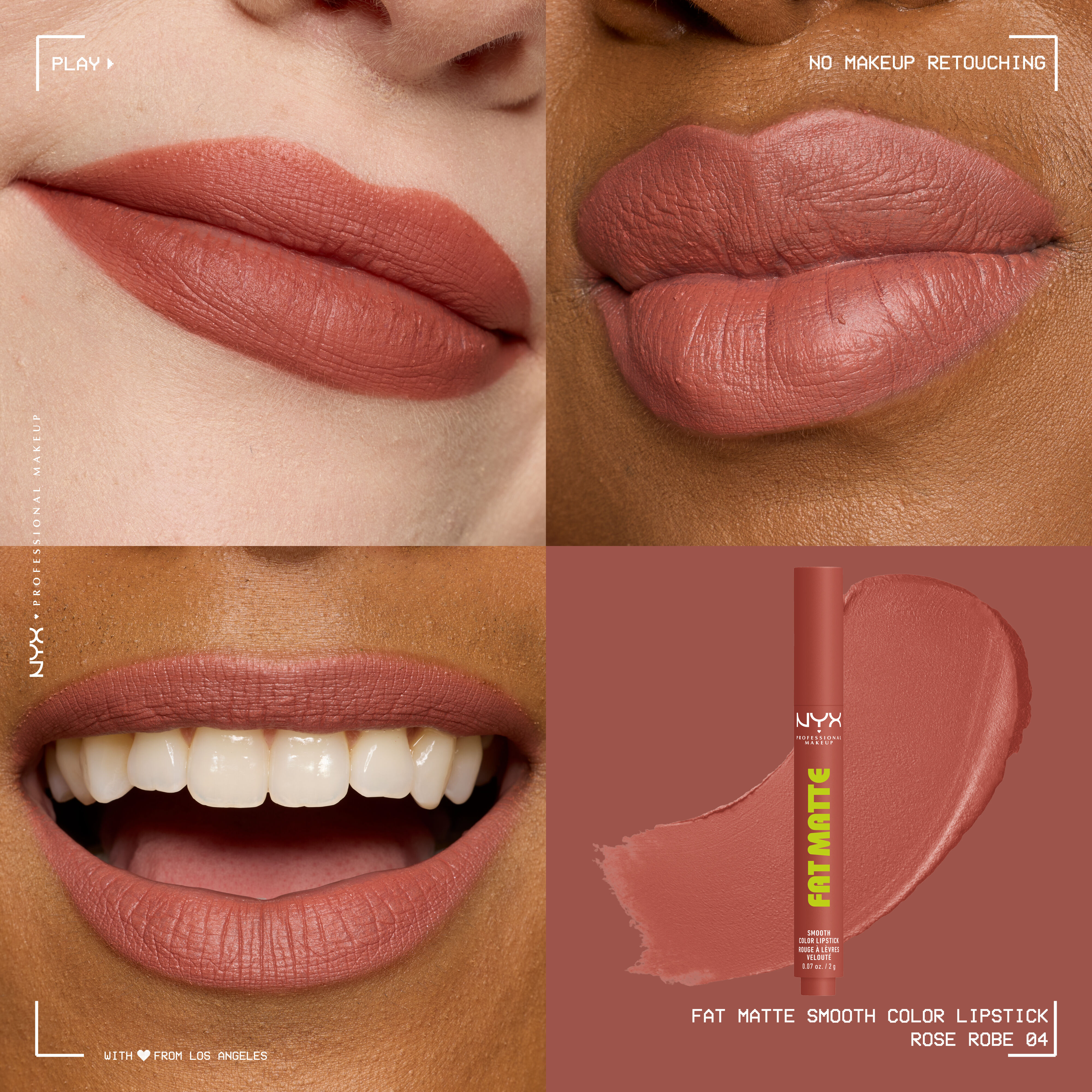 Four-panel grid showing NYX Professional Makeup Fat Matte Smooth Color Lipstick in shade Rose Robe on three diverse skin tones with a smooth, non-cakey matte finish, alongside the click-pen packshot and shade swatch.