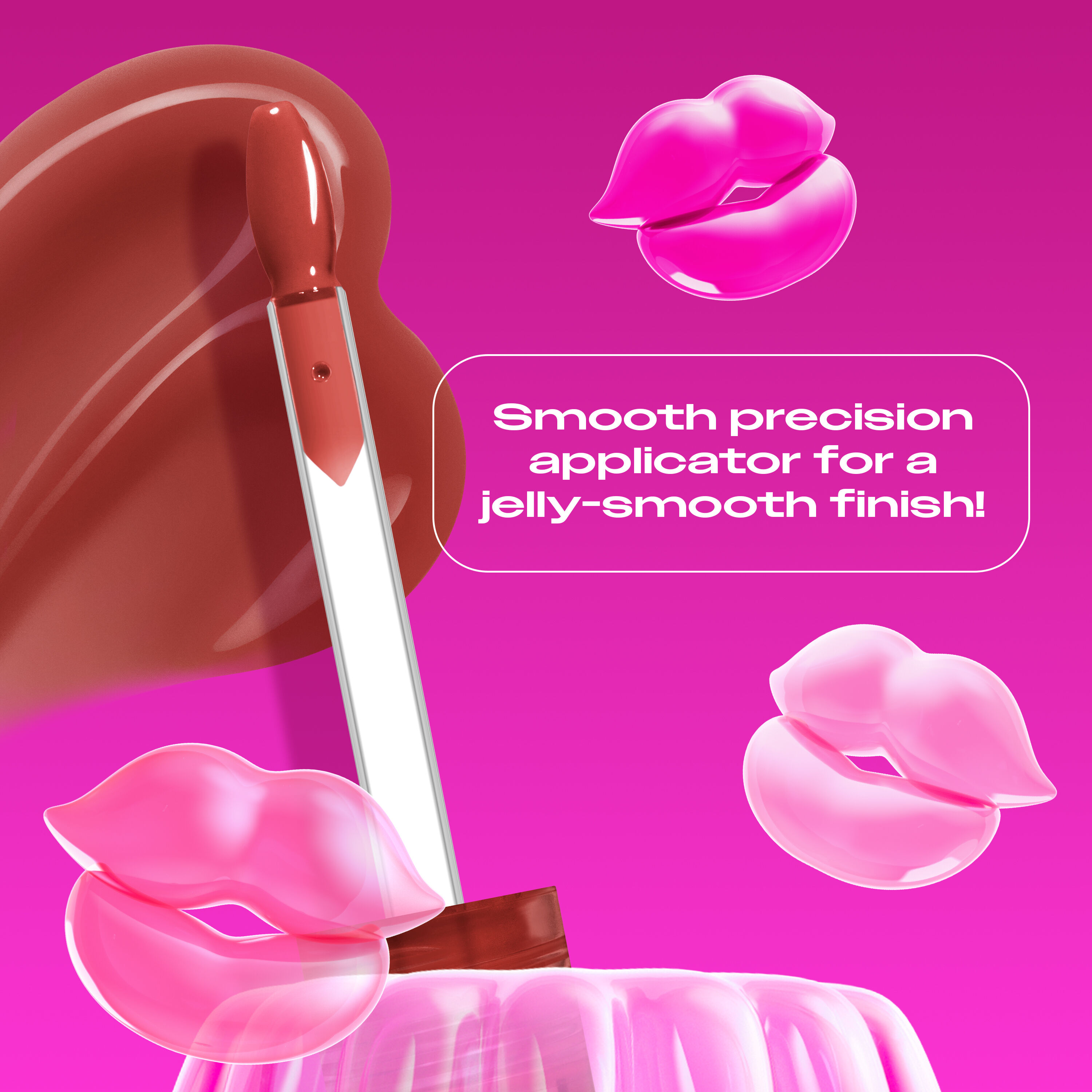 Jelly Job Lip Gloss applicator & swatch in shade 'Jelly Filled', with text on precision applicator for smooth lip finish  