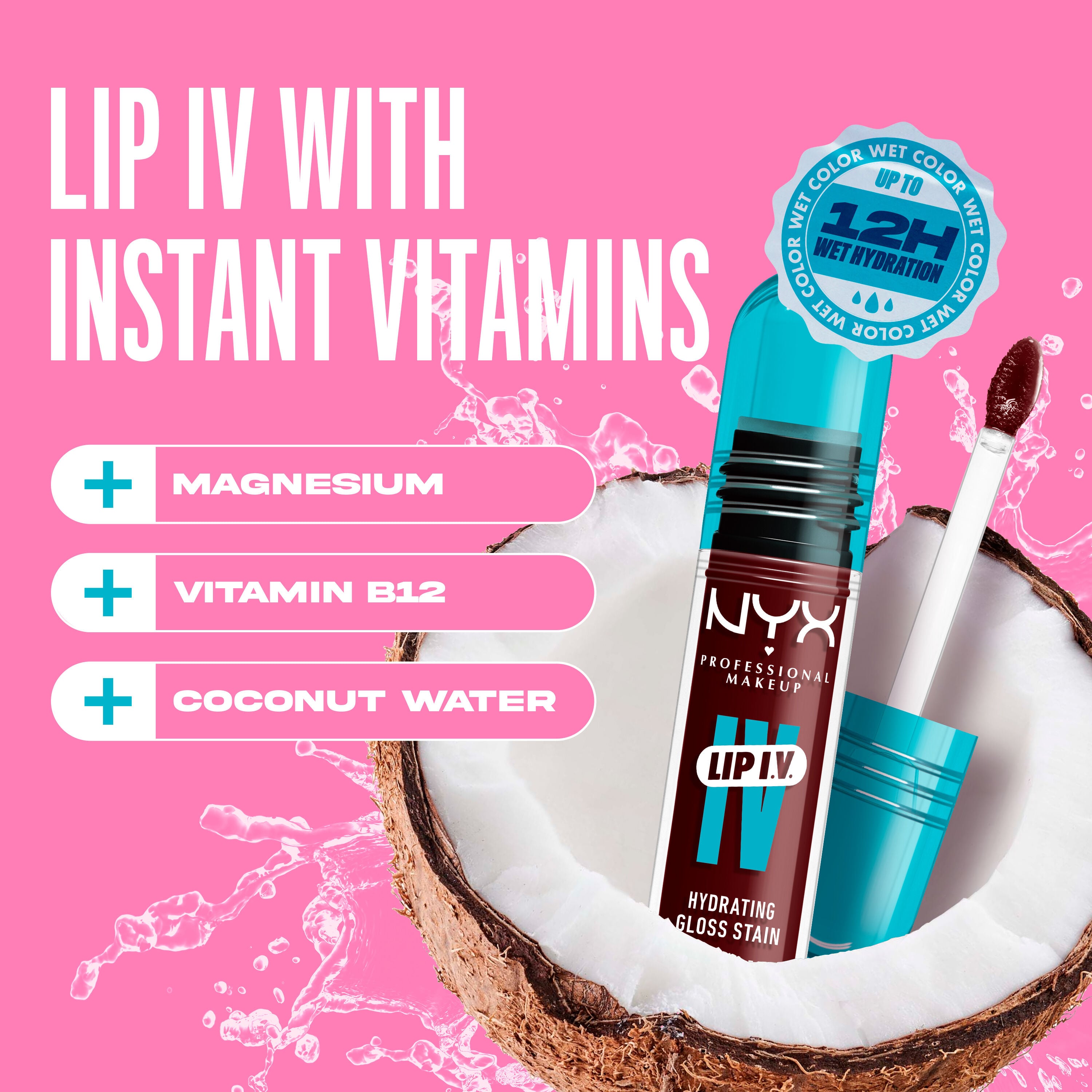 Lip I.V. Hydrating Gloss Lip Stain in a coconut with text "Lip I.V. with Instant Vitamins"