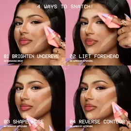 4 tiles with model using Wonder Setting Powder Puff 4 ways to brighten undereye, lift forehead, shape nose, & reverse contour