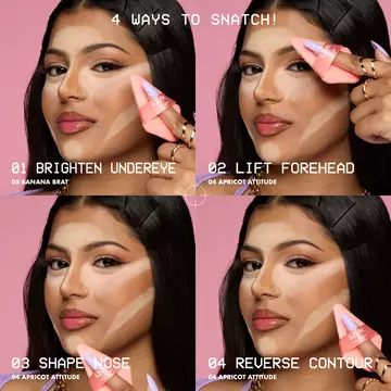 4 tiles with model using Wonder Setting Powder Puff 4 ways to brighten undereye, lift forehead, shape nose, & reverse contour