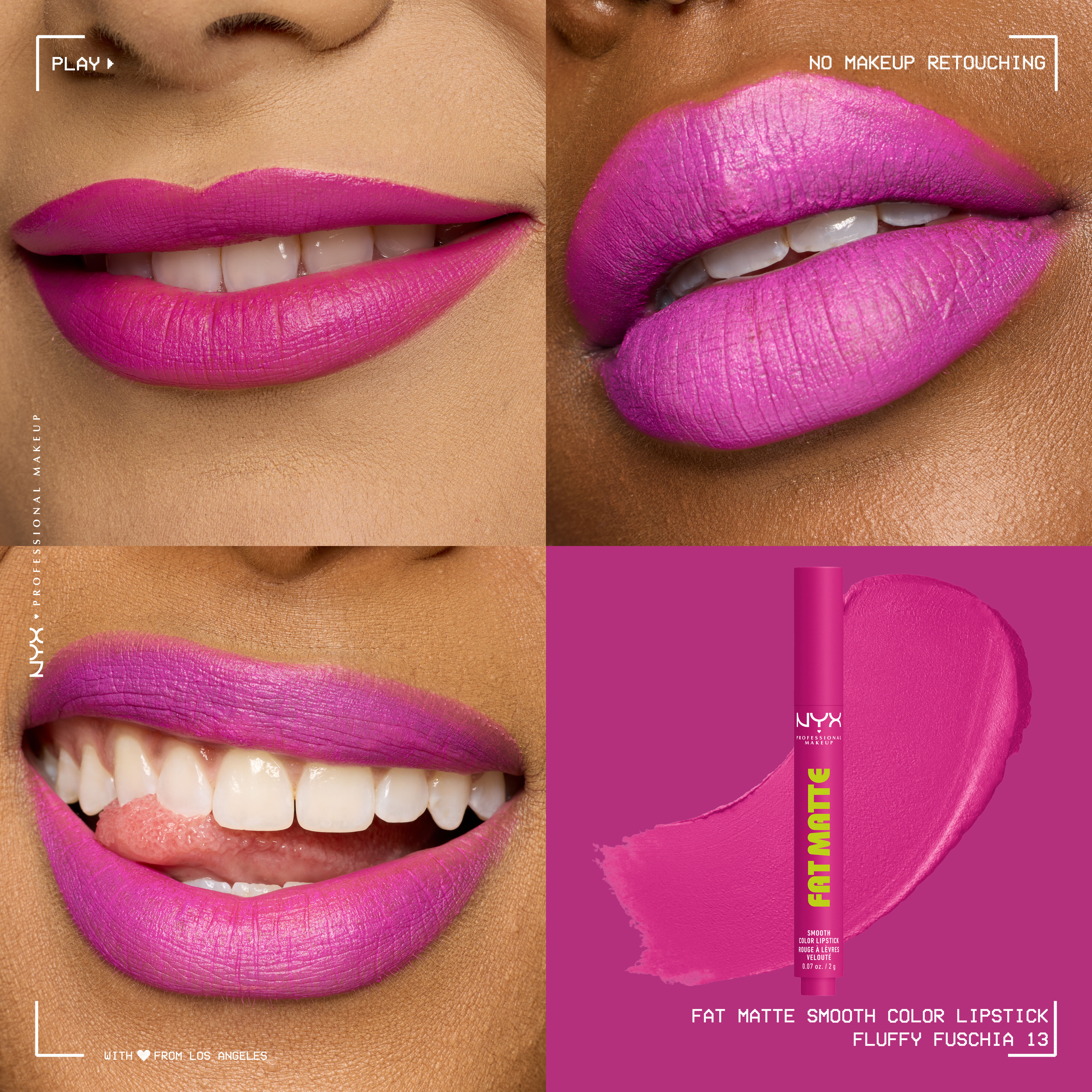 Four-panel grid showing NYX Professional Makeup Fat Matte Smooth Color Lipstick in shade Fluffy Fuchsia on three diverse skin tones with a smooth, non-cakey matte finish, alongside the click-pen packshot and shade swatch.