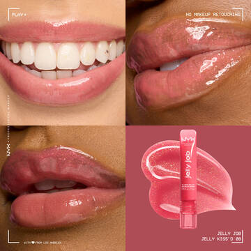 Close up of 3 models with varying skin tones wearing Jelly Job Jelly Lip Gloss in shade 'Jelly Kiss'd', a pink shimmer color