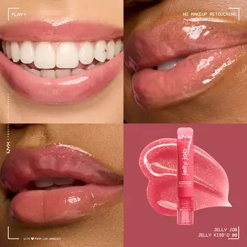 Close up of 3 models with varying skin tones wearing Jelly Job Jelly Lip Gloss in shade 'Jelly Kiss'd', a pink shimmer color