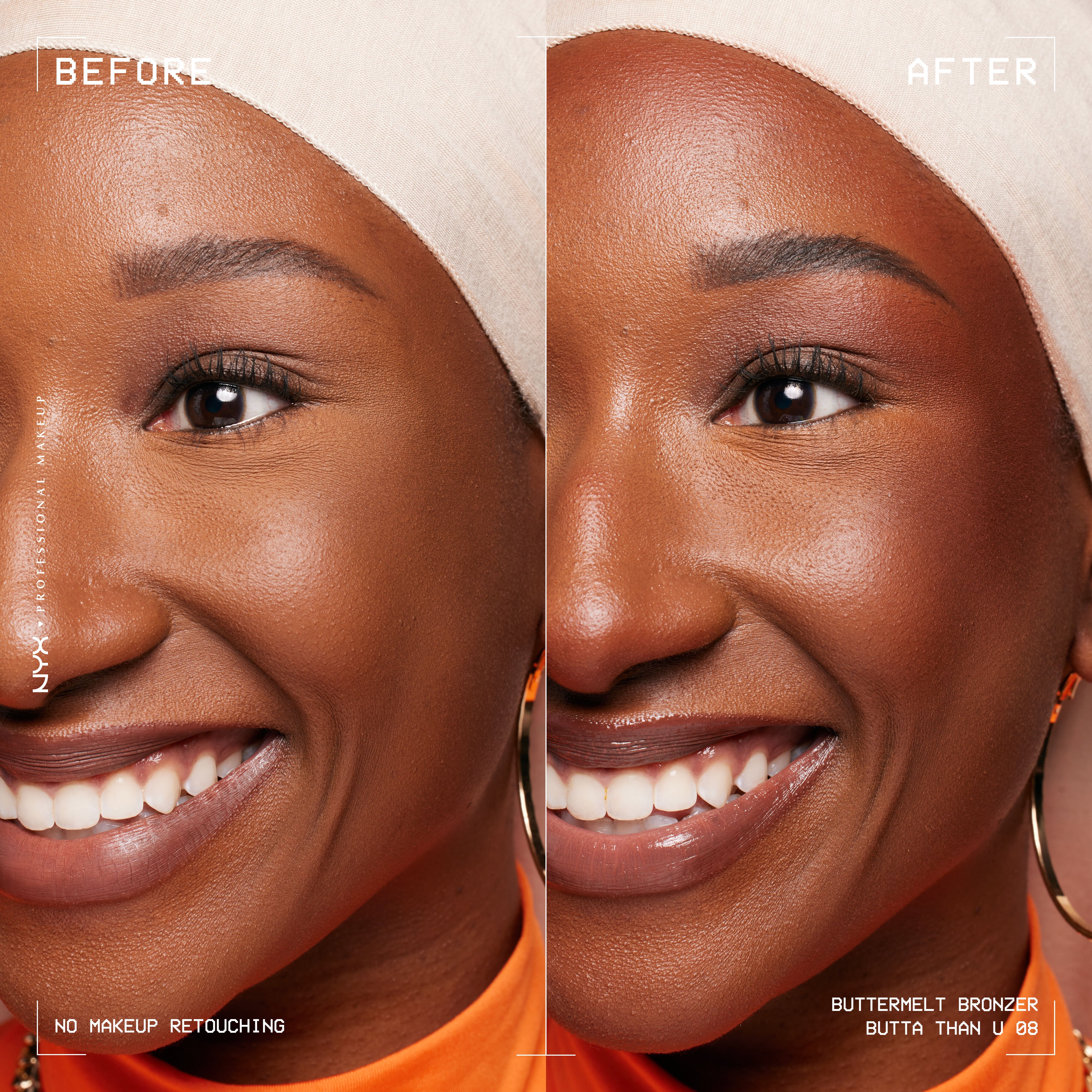 Buttermelt Bronzer in shade Butta Than U, a deep rich warm neutral shade, before and after on a model