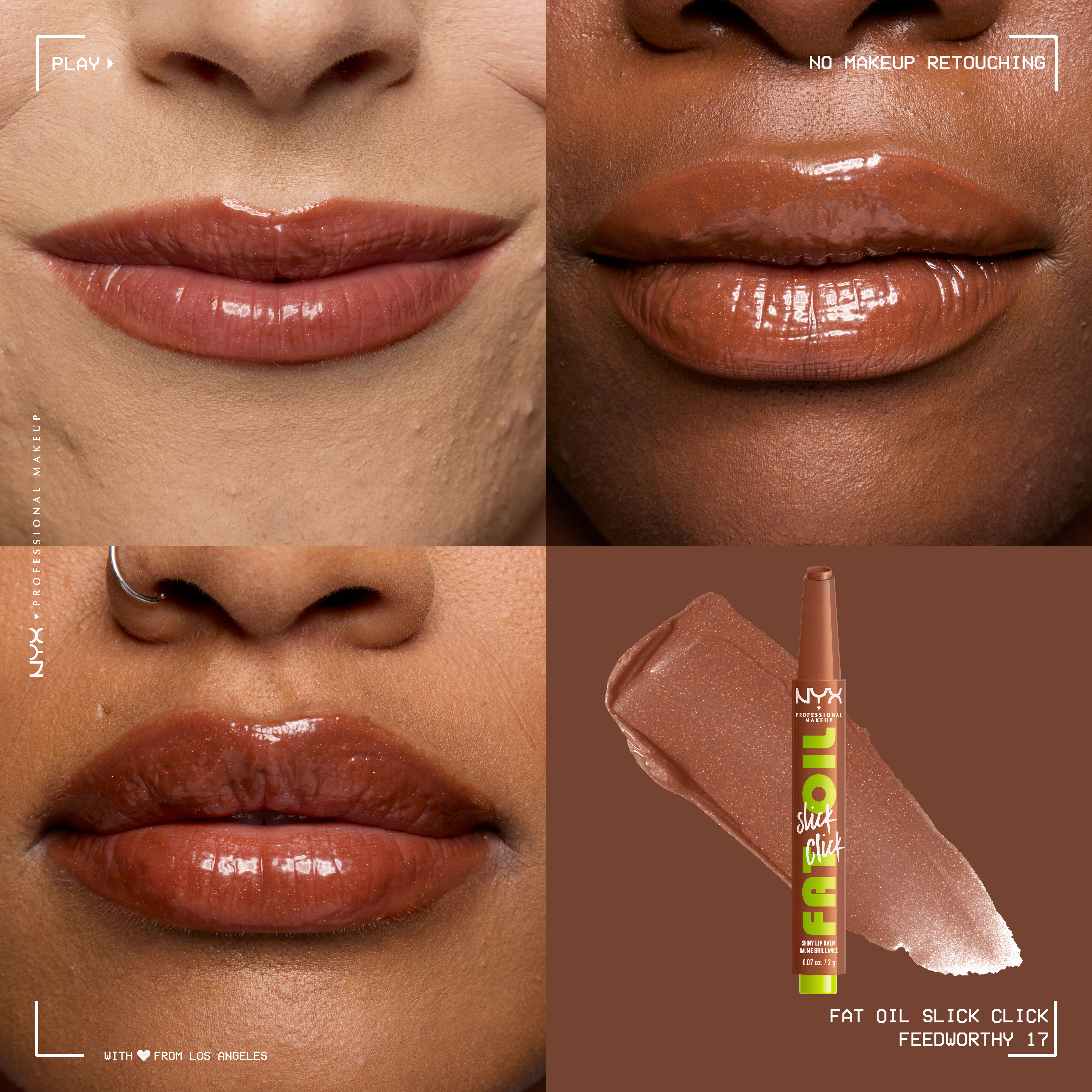 Fat Oil Slick Click in shade Feedworthy on three different skin tones